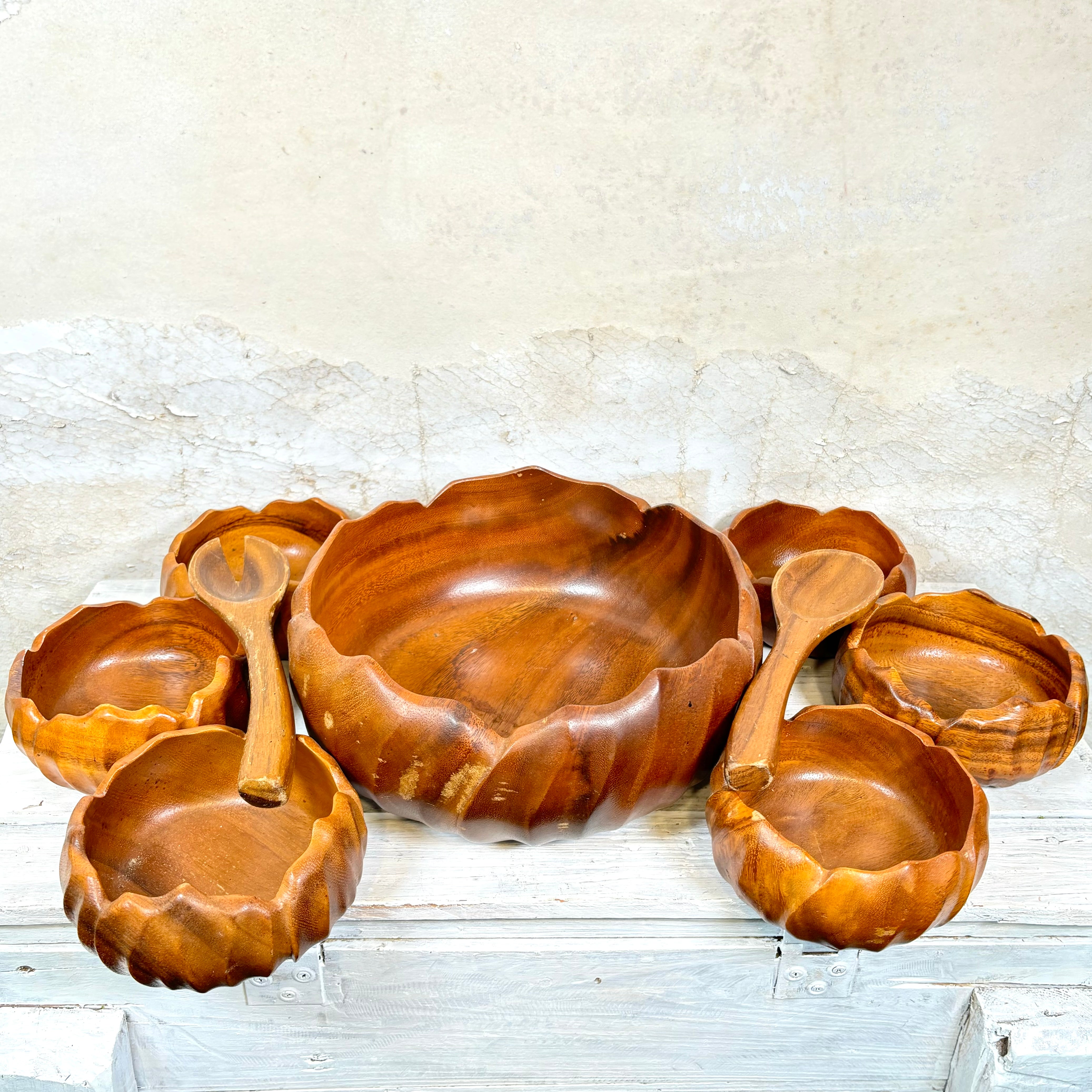 Vintage Teak Wood Nine Piece Salad Bowl Set