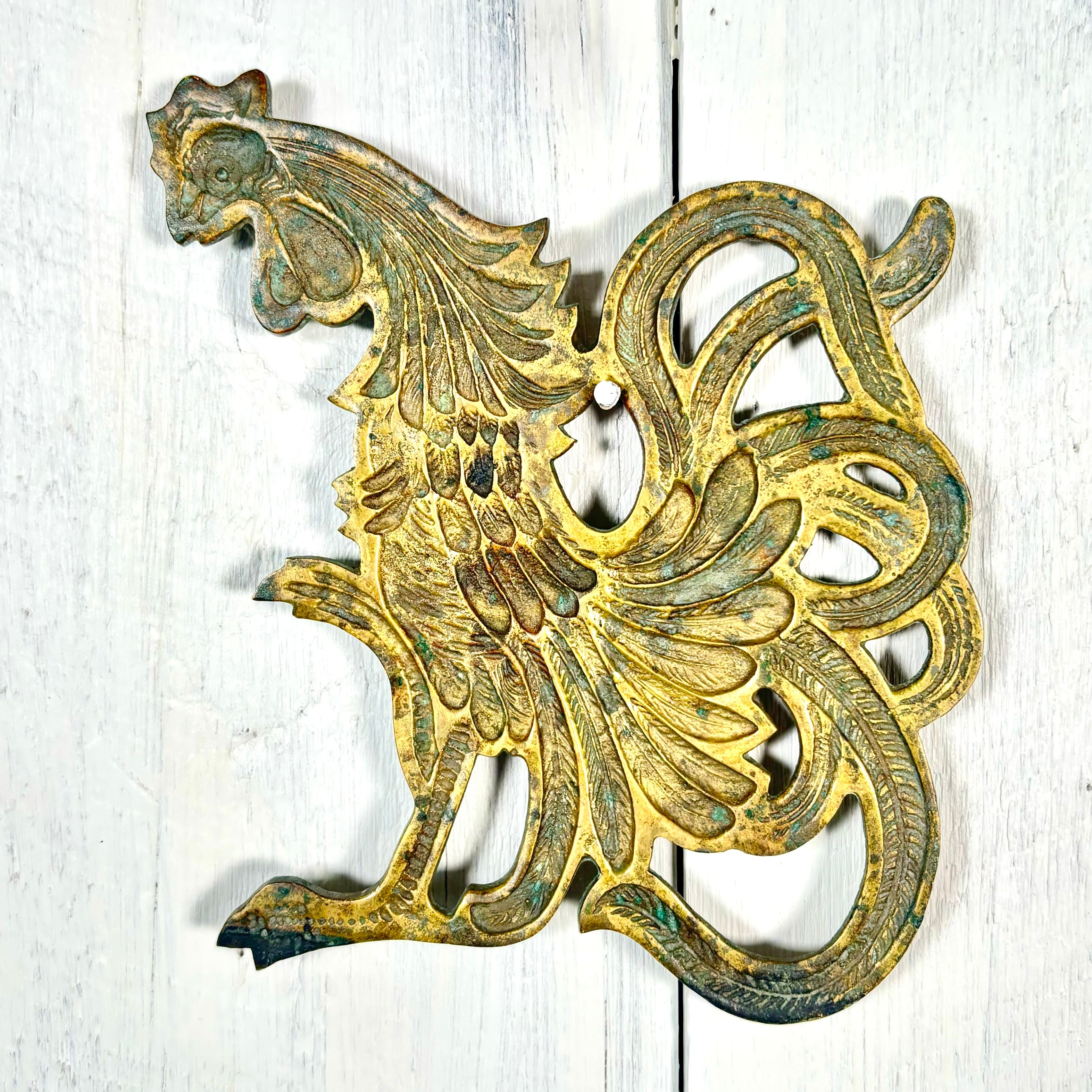 Vintage Solid Brass Rooster Footed Trivet