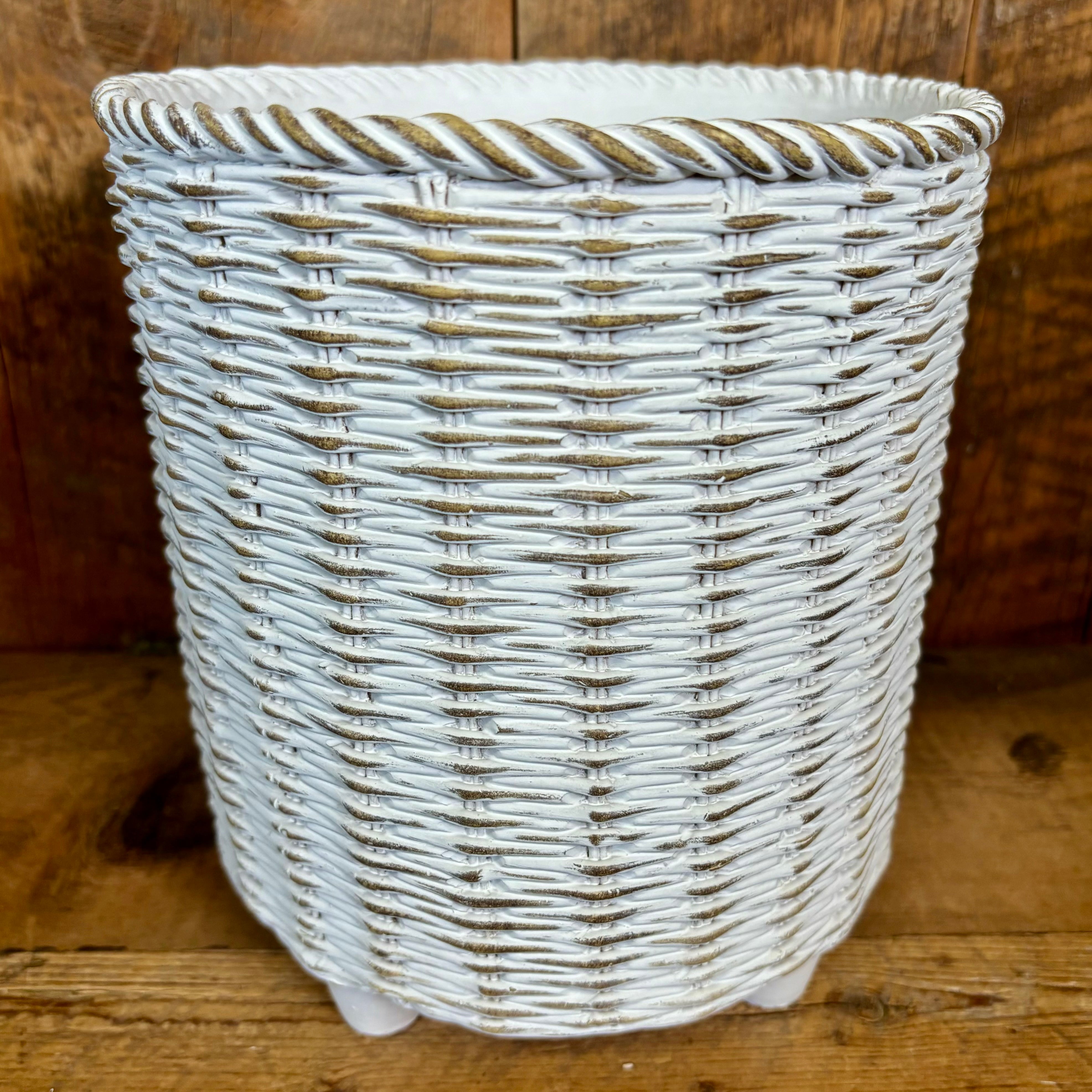 Whitewashed Basketweave Resin Planter Large