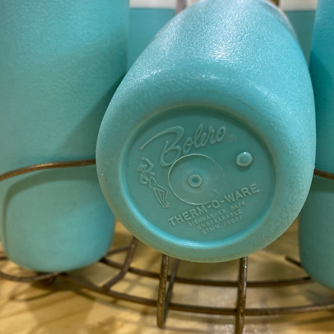 Vintage Thermo-ware Teal Cups With Carrier