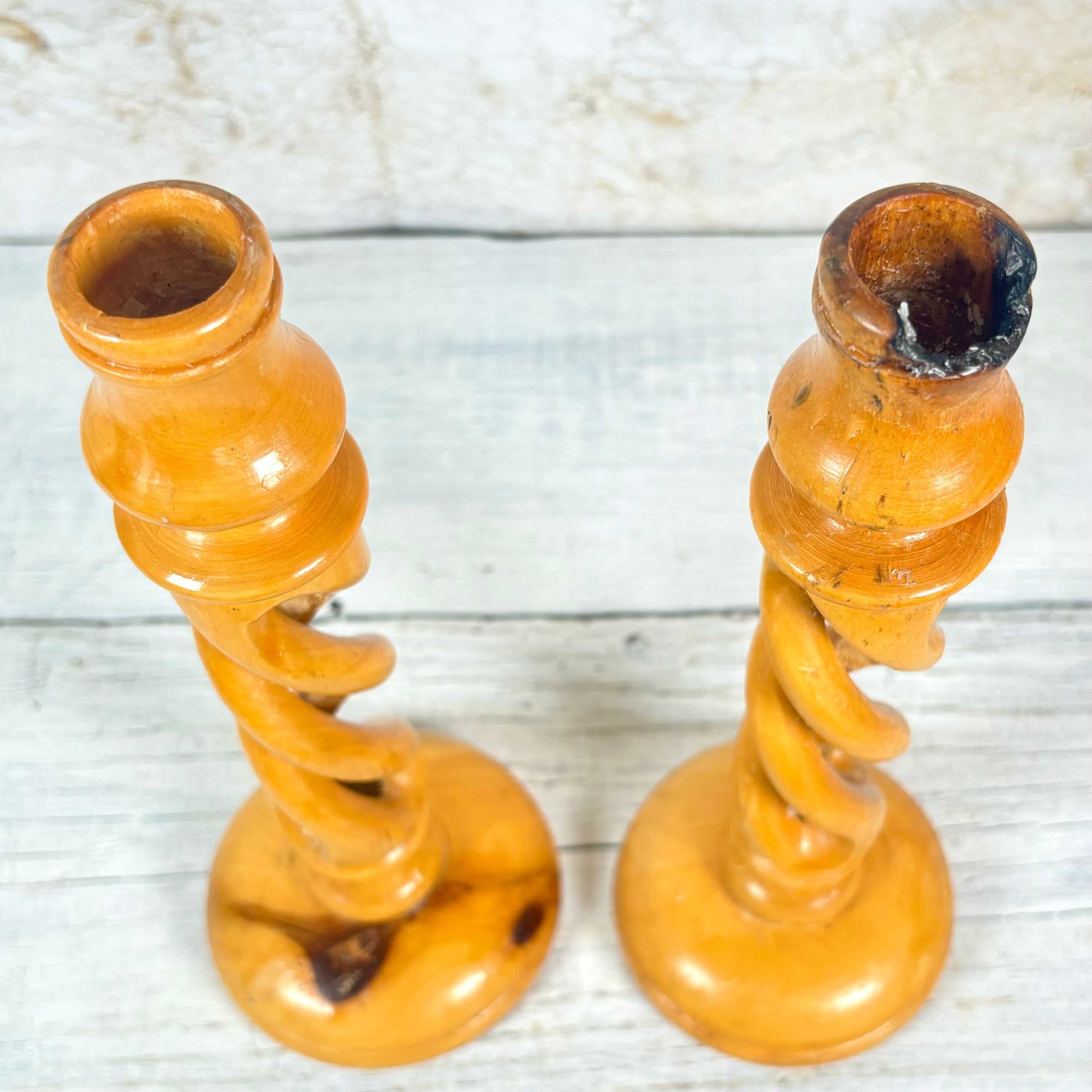 Vintage Carved Olive Wood Candlesticks Set of Two