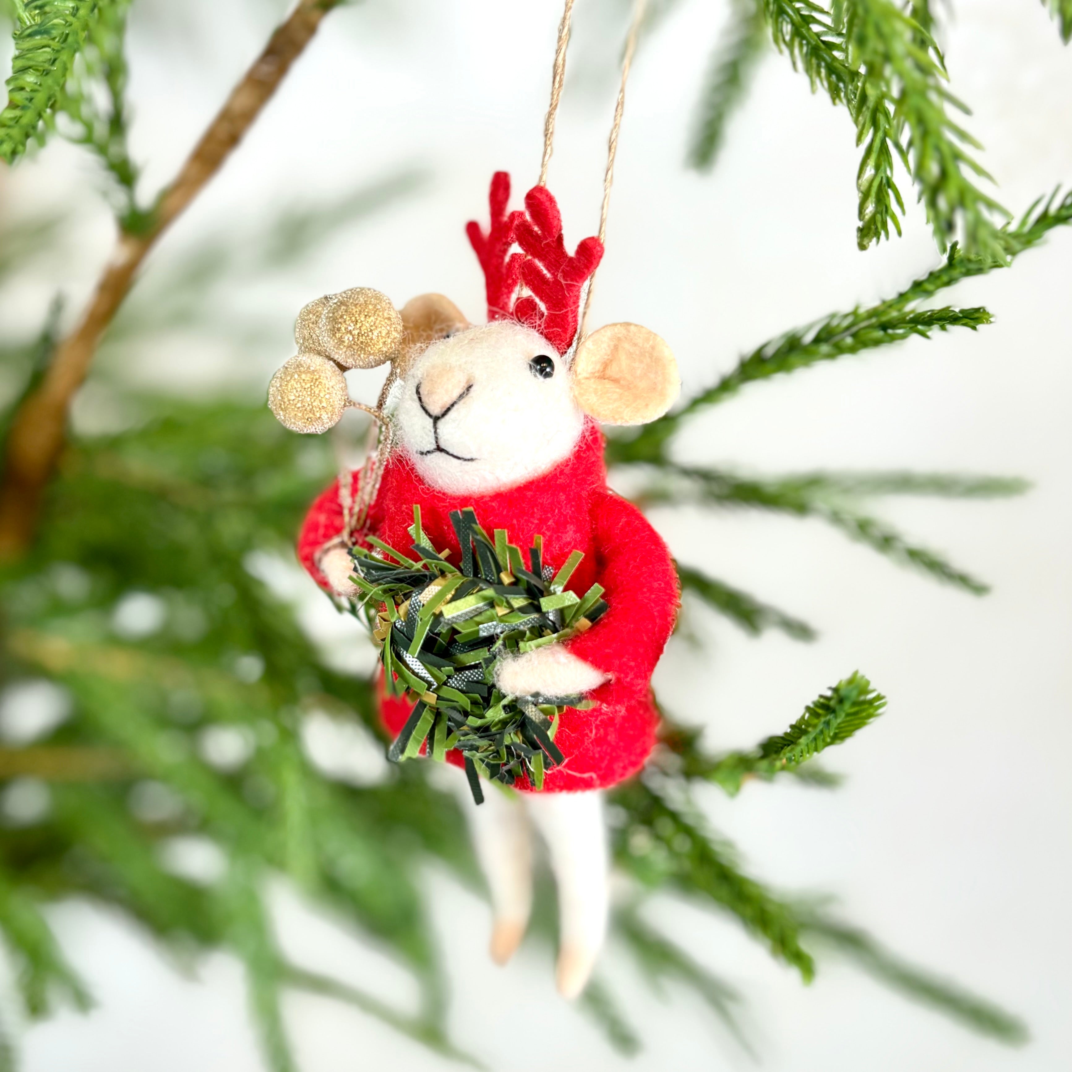 Felt Mouse with Wreath and Gold Berries Ornament