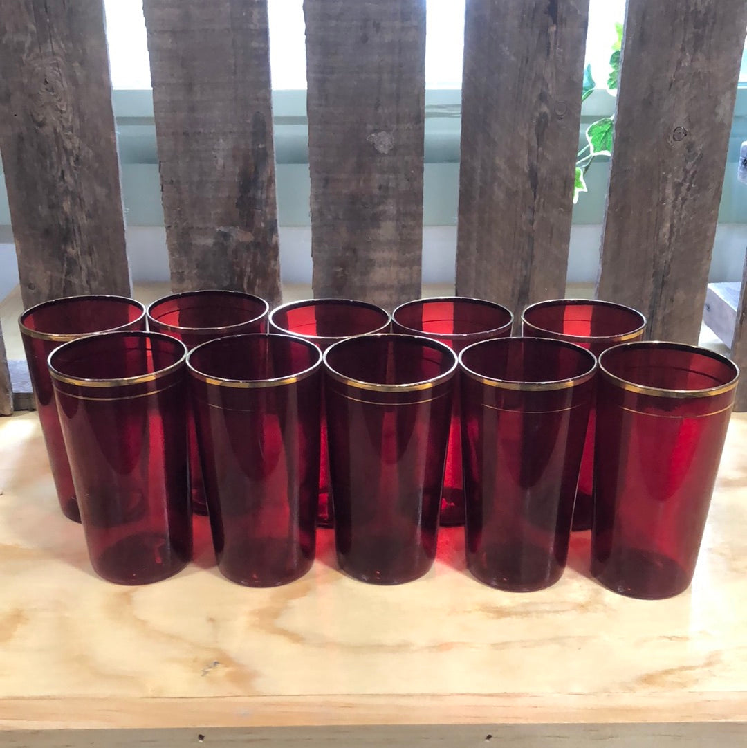 Set of Ten Mid-Century Ruby Red Glasses with Gold Trim