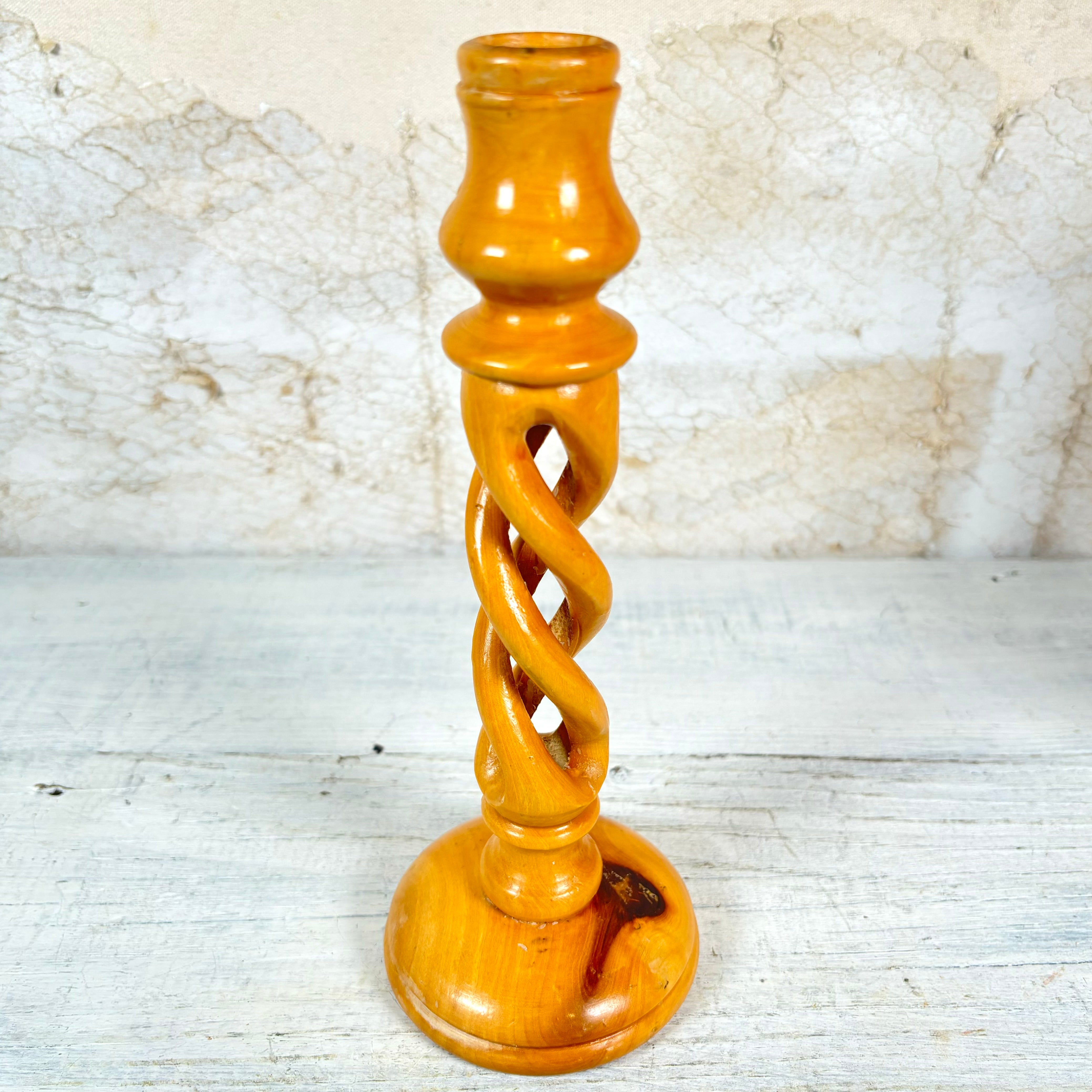 Vintage Carved Olive Wood Candlesticks Set of Two