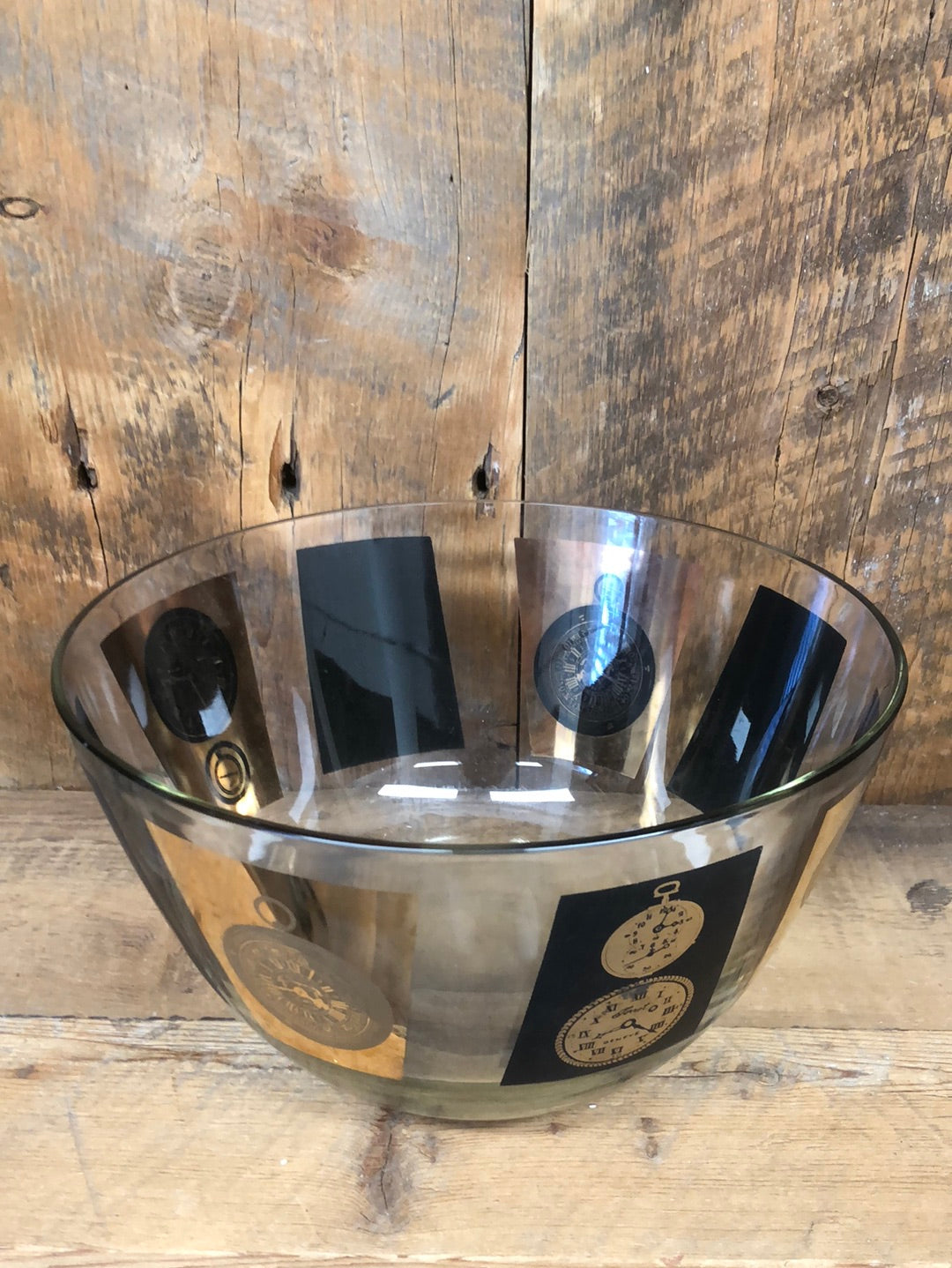 Mid Century Modern Glass Bowl with Black and Gold Clocks