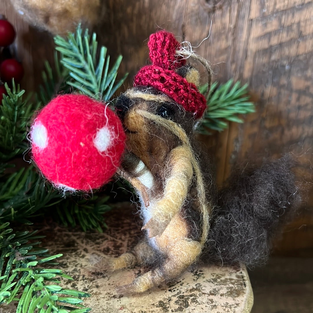 Wool Felt Holiday Squirrel in Knitted Red Hat with Mushroom