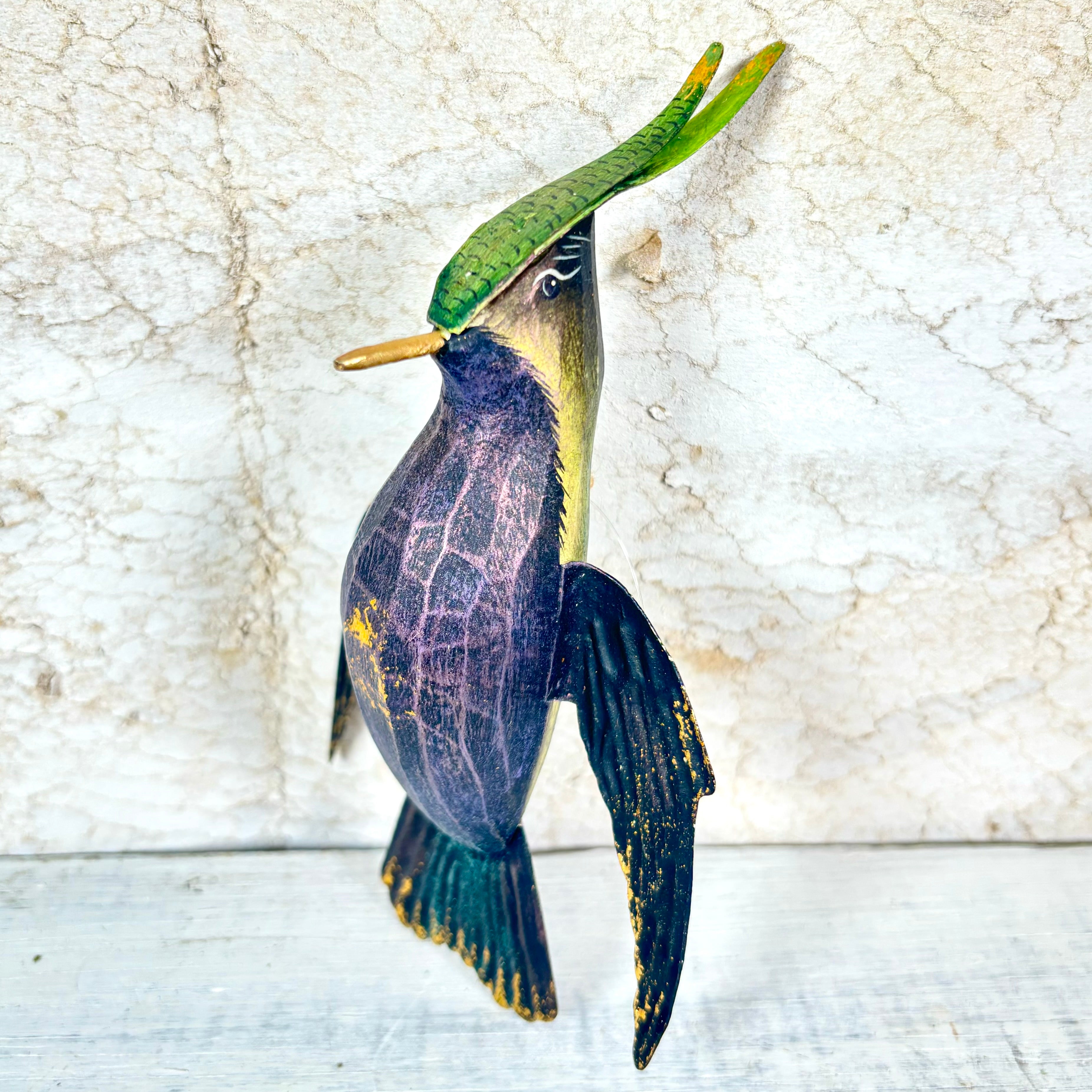 Hand Carved Wood Hummingbird Ornament Purple Green