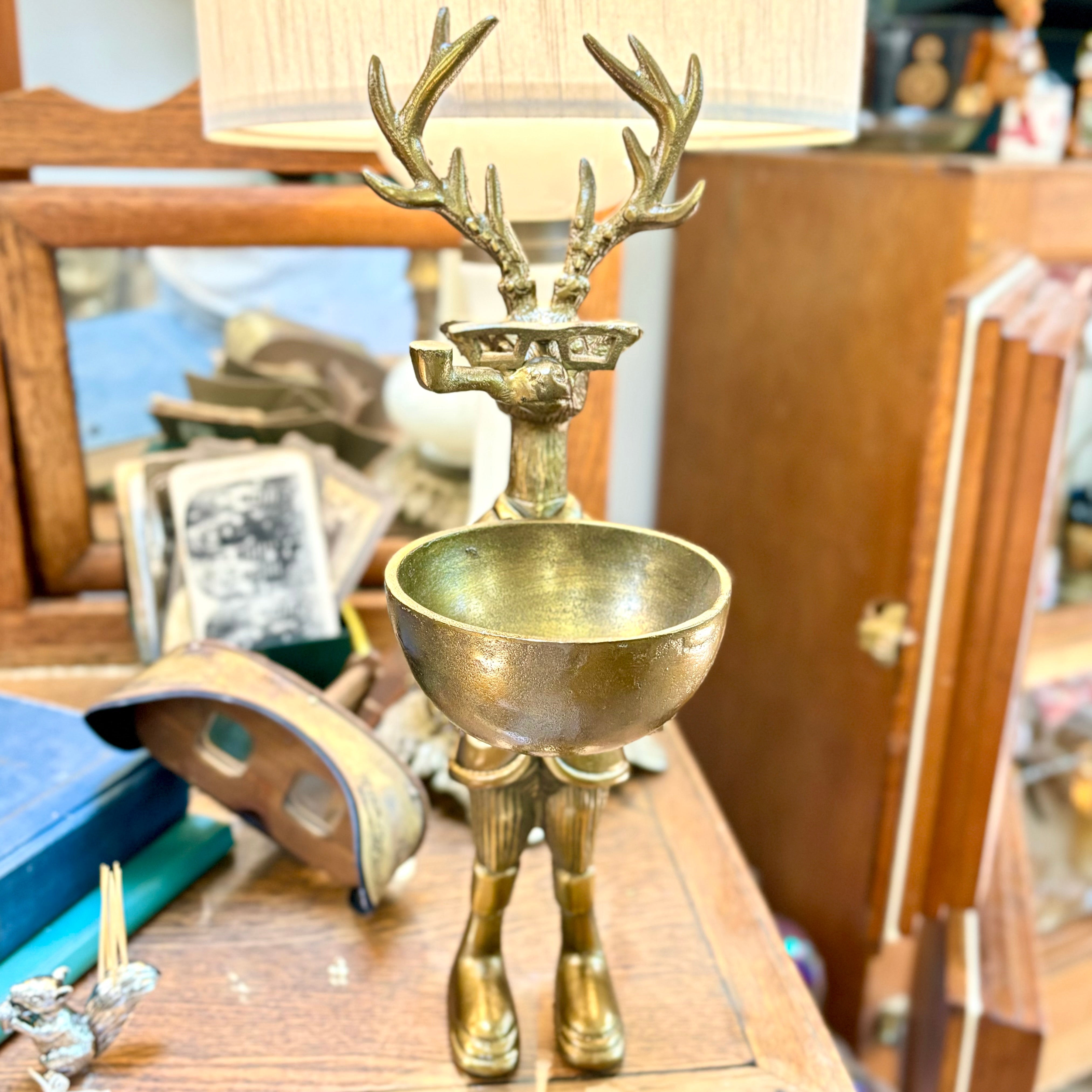 Brass Standing Deer with Bowl