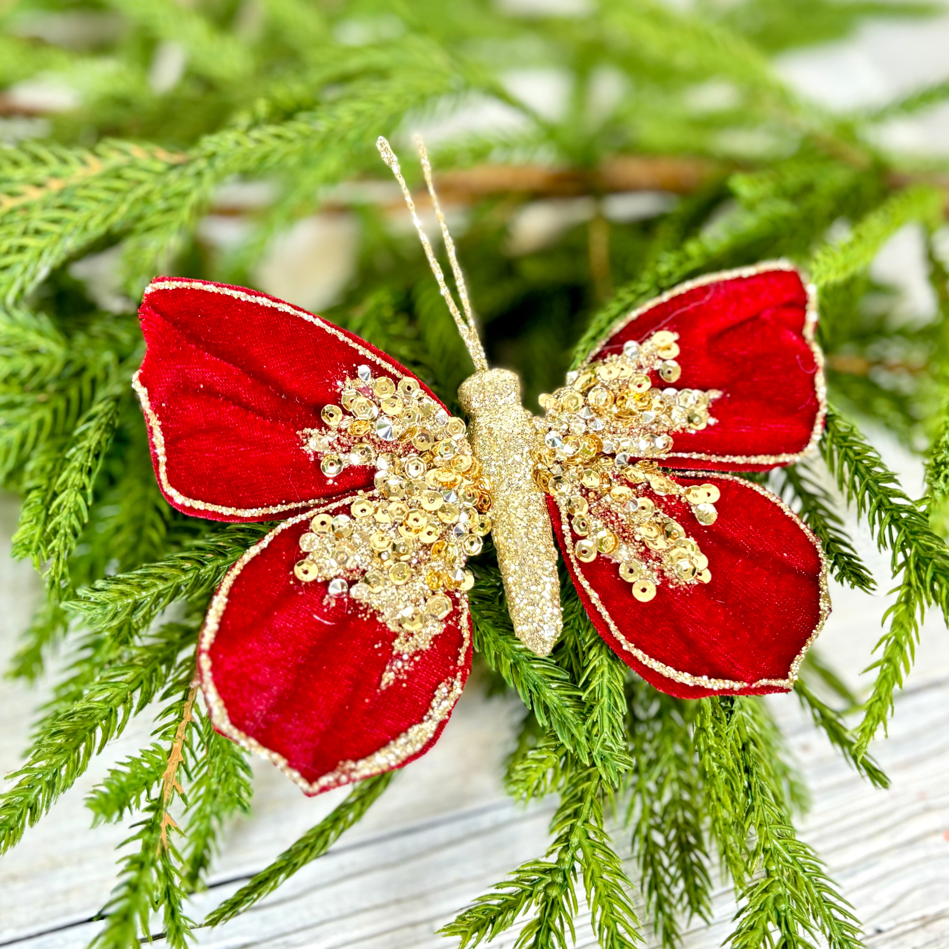 Velvet Red with Gold Glitter Butterfly Ornament