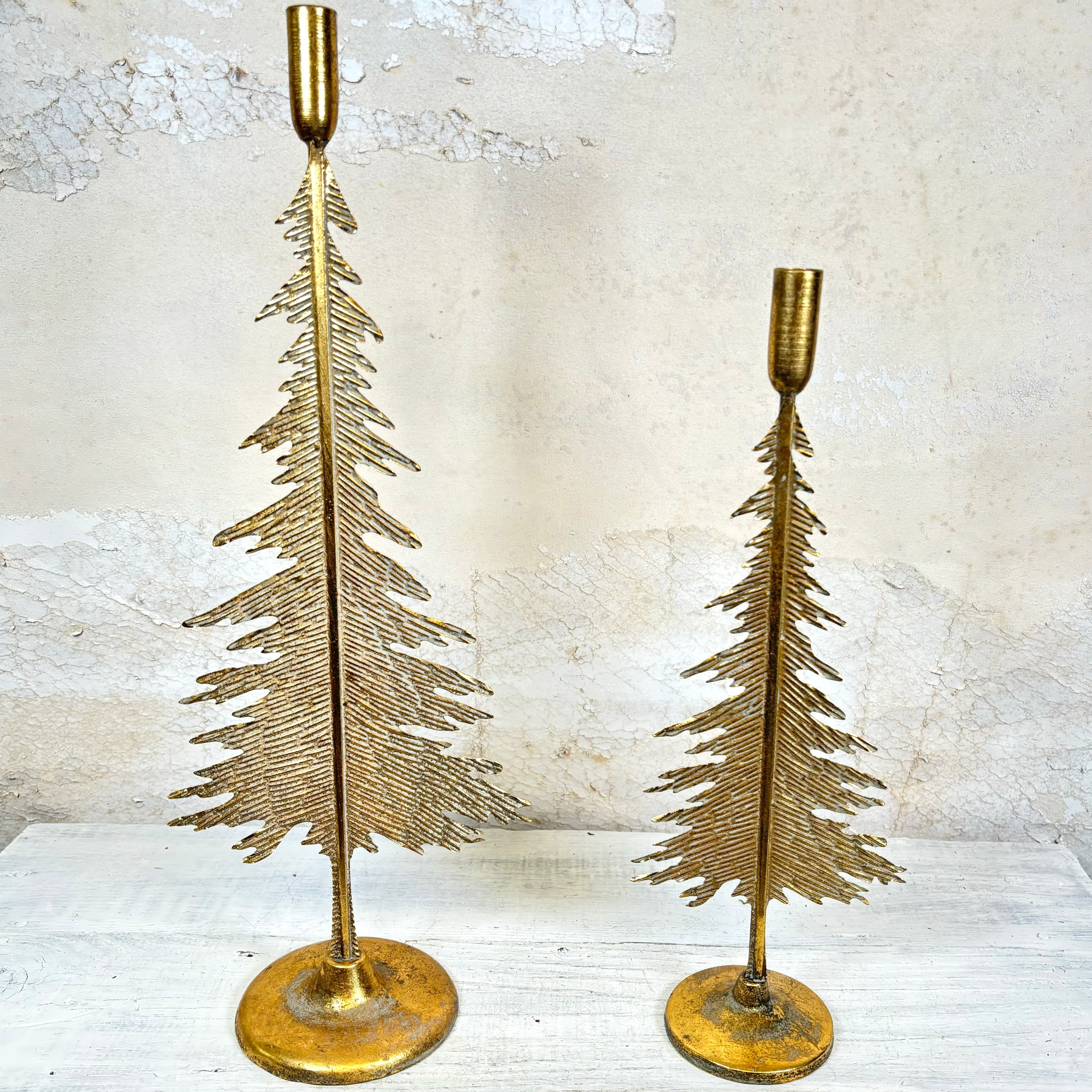 Verdigris Gold Metal Pine Tree Candle Stick Short