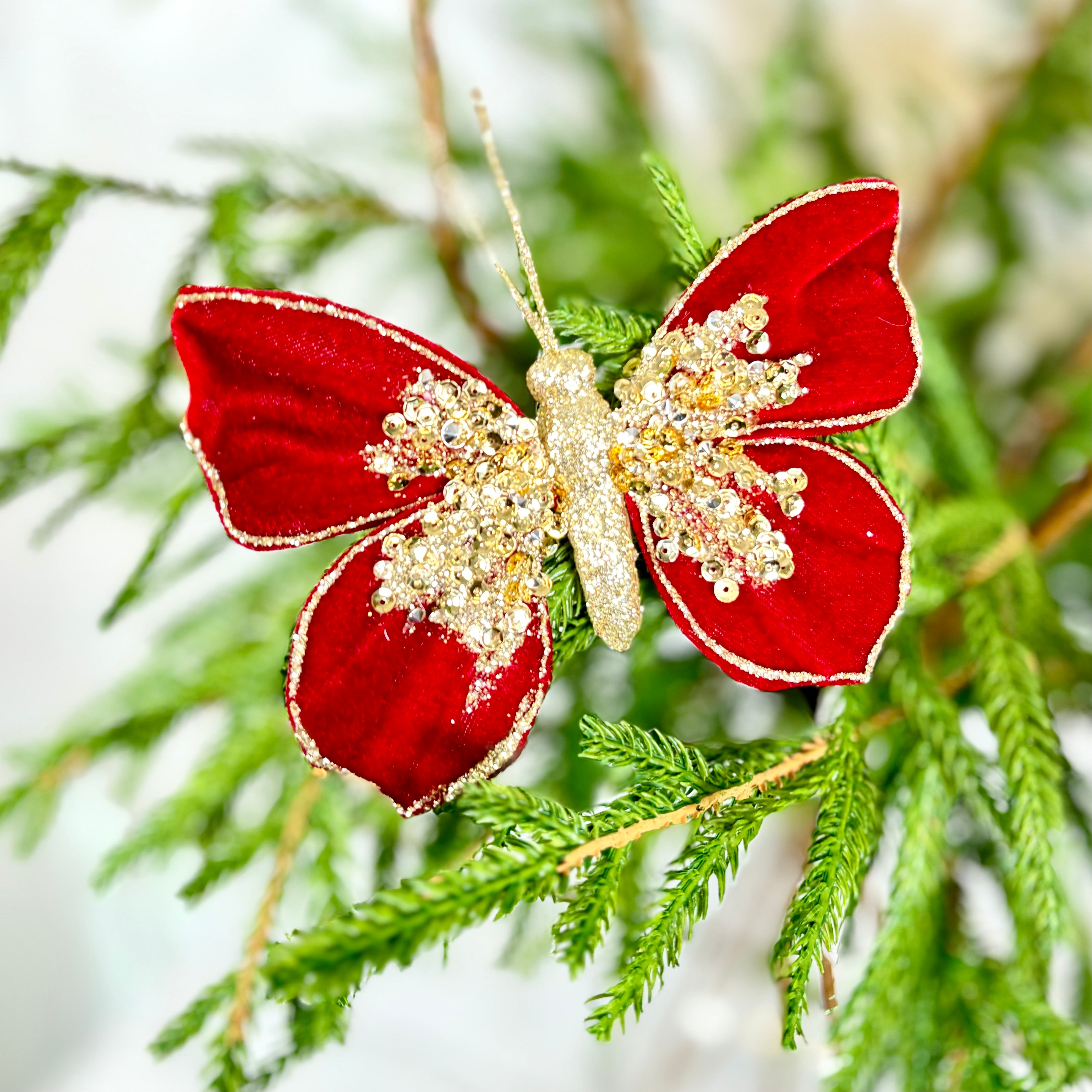 Velvet Red with Gold Glitter Butterfly Ornament