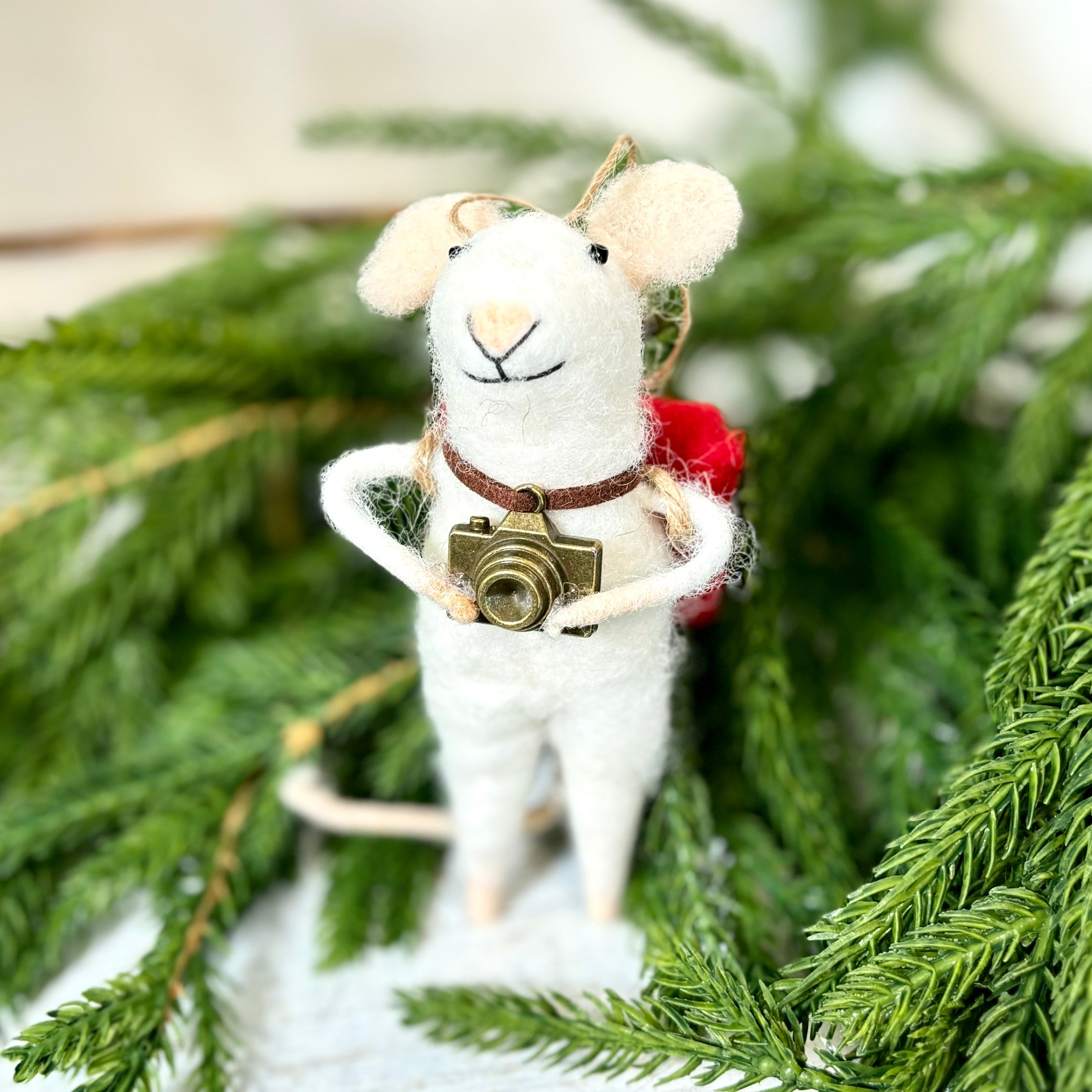 Felt Photographer Mouse Holding Camera with a Red Backpack