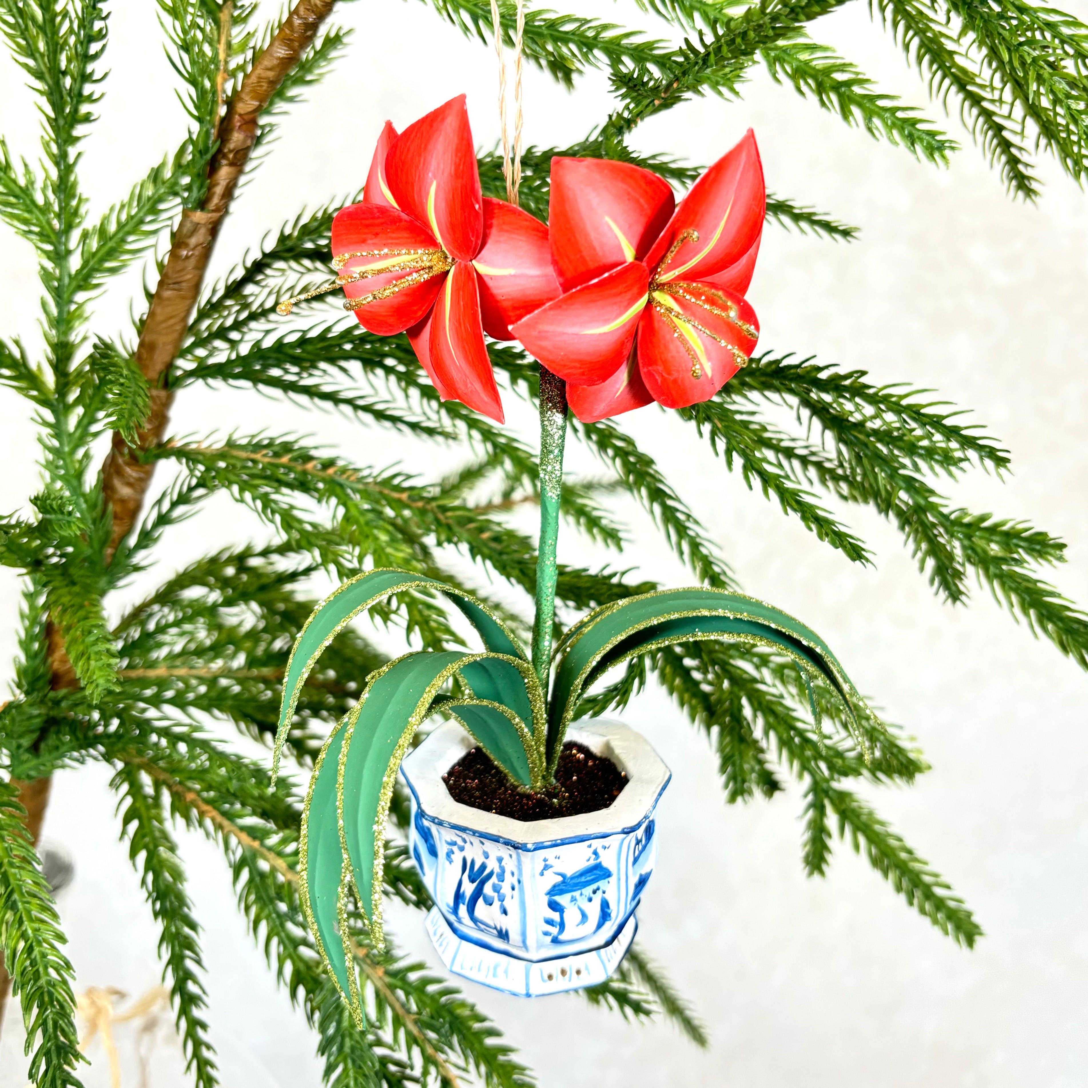 Potted Red Christmas Amaryllis Resin Ornament