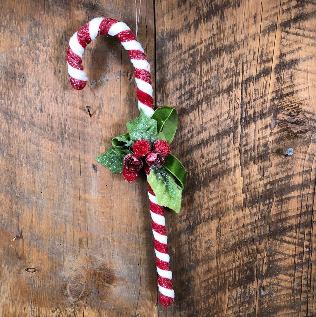Frosted Chenille Red Ribbon Candy Cane Ornament