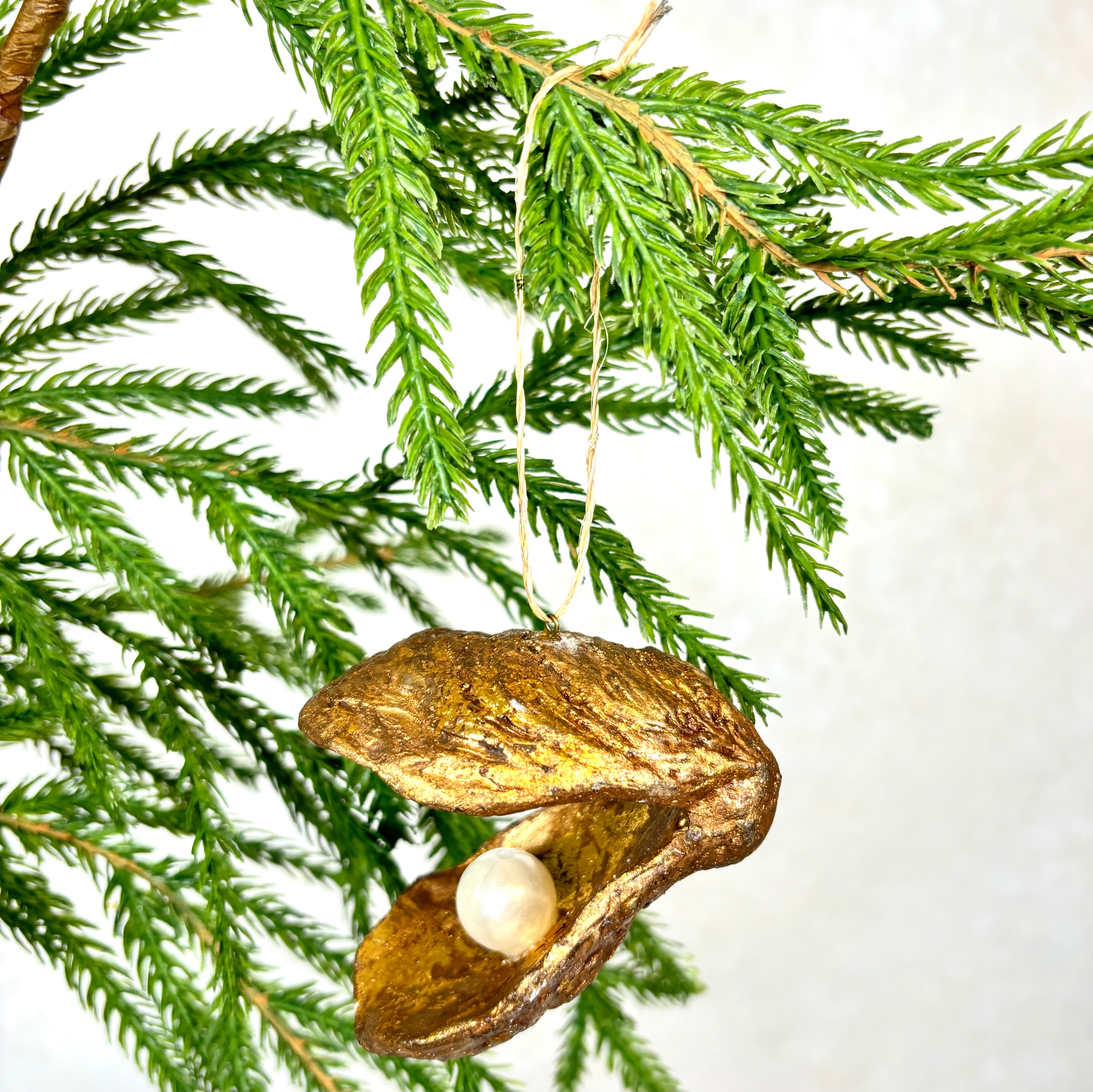 Gold Oyster Shell with Pearl Paper Mache Ornament