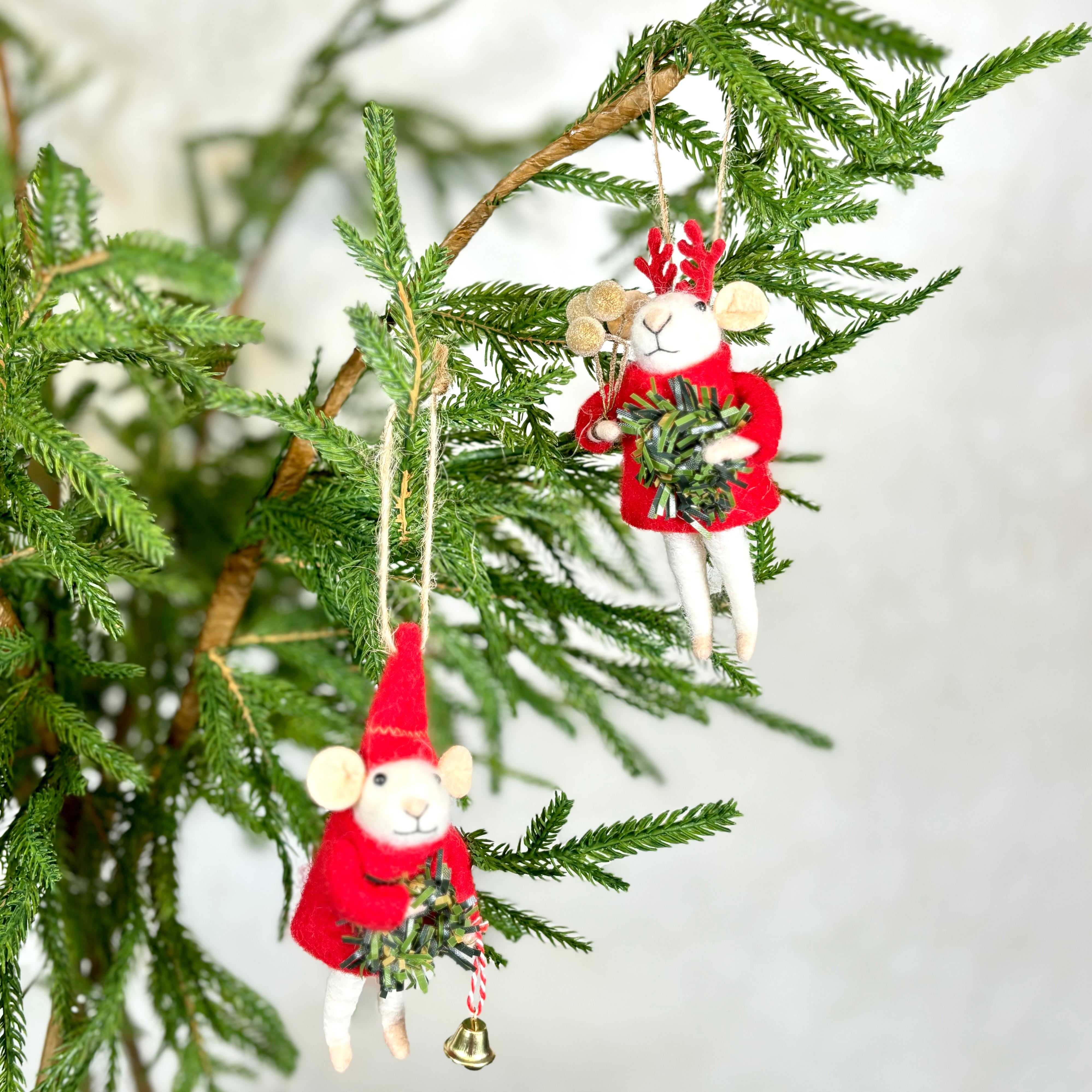 Felt Mouse with Wreath Hat and Bell Ornament