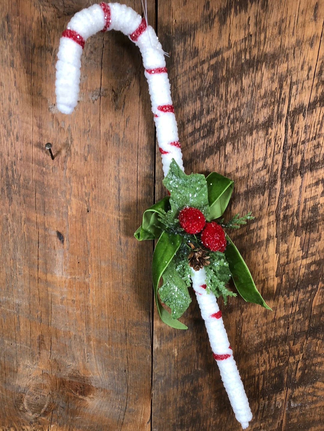 Frosted Chenille White Ribbon Candy Cane Ornament