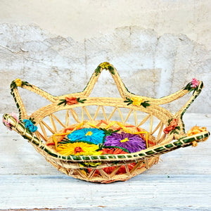 Vintage Raffia Straw Woven Floral Basket