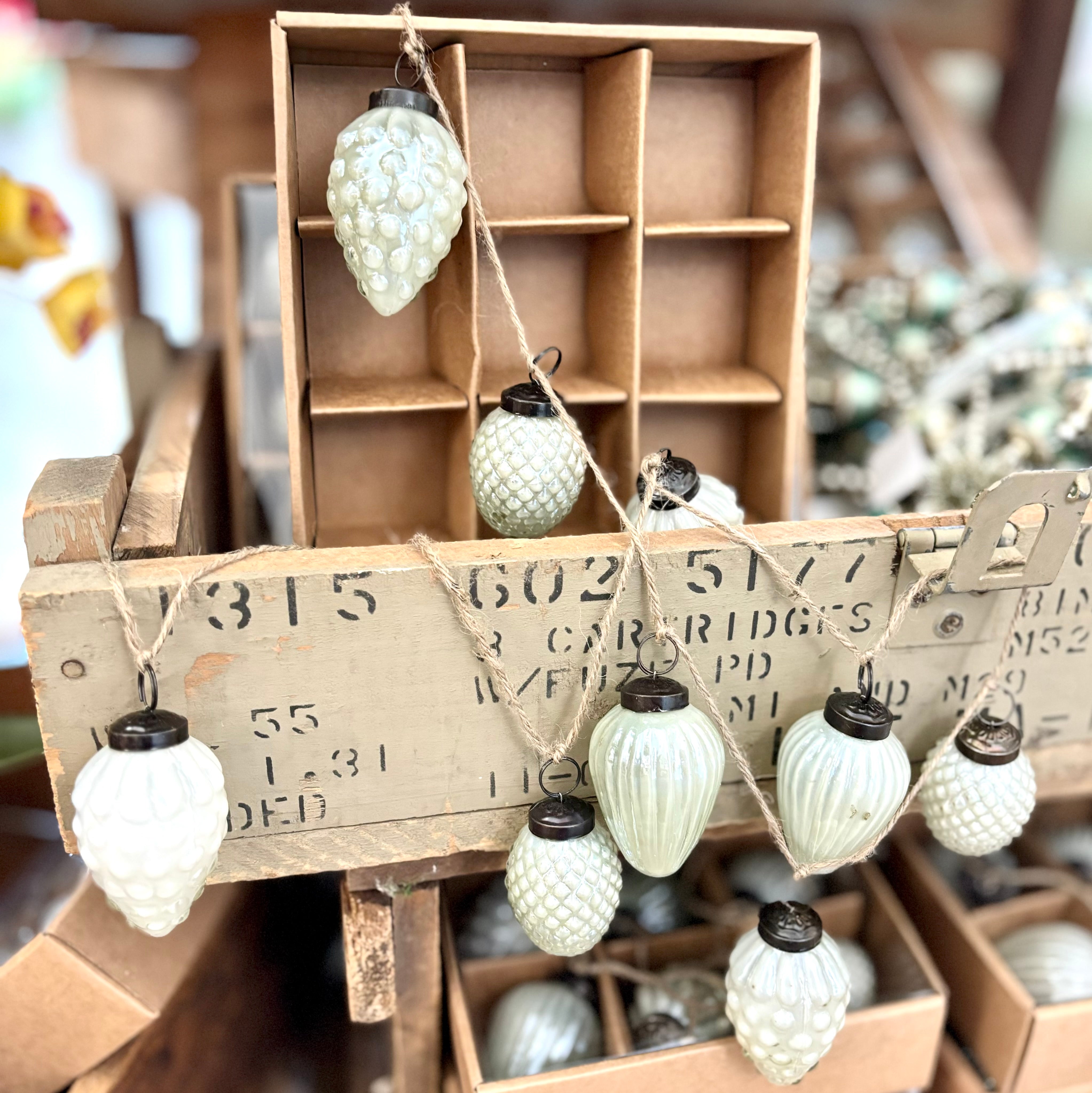 Green Mercury Glass Acorn Twelve Ornaments and Twine Garland