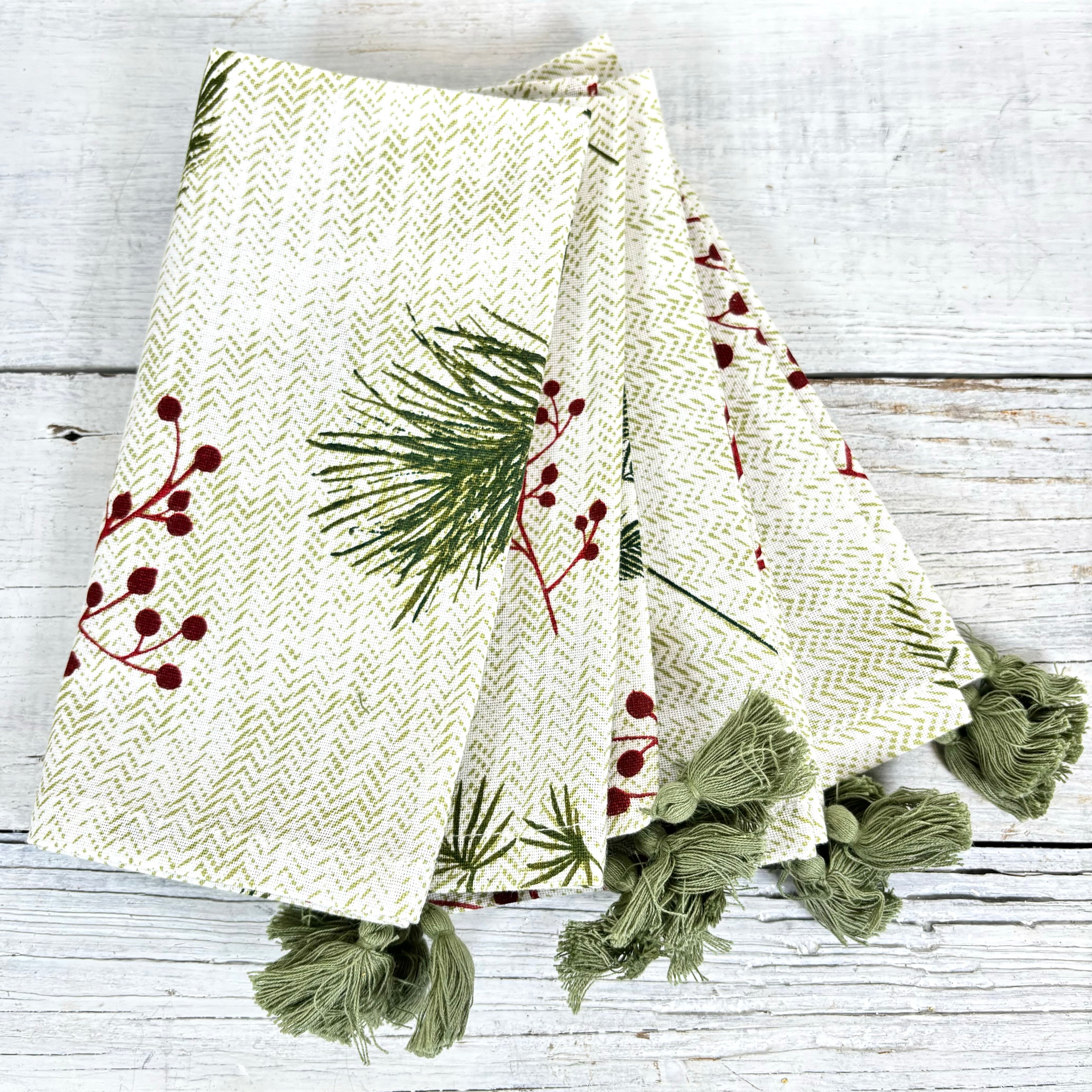 Cotton Napkin with Pine Needle and Red Berry Set of Four