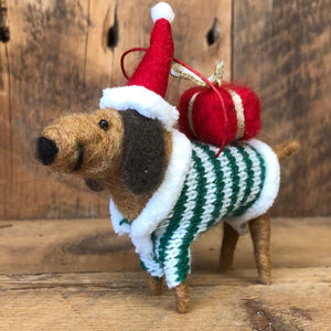 Felt Brown Dachshund with Sweater, Hat and Present