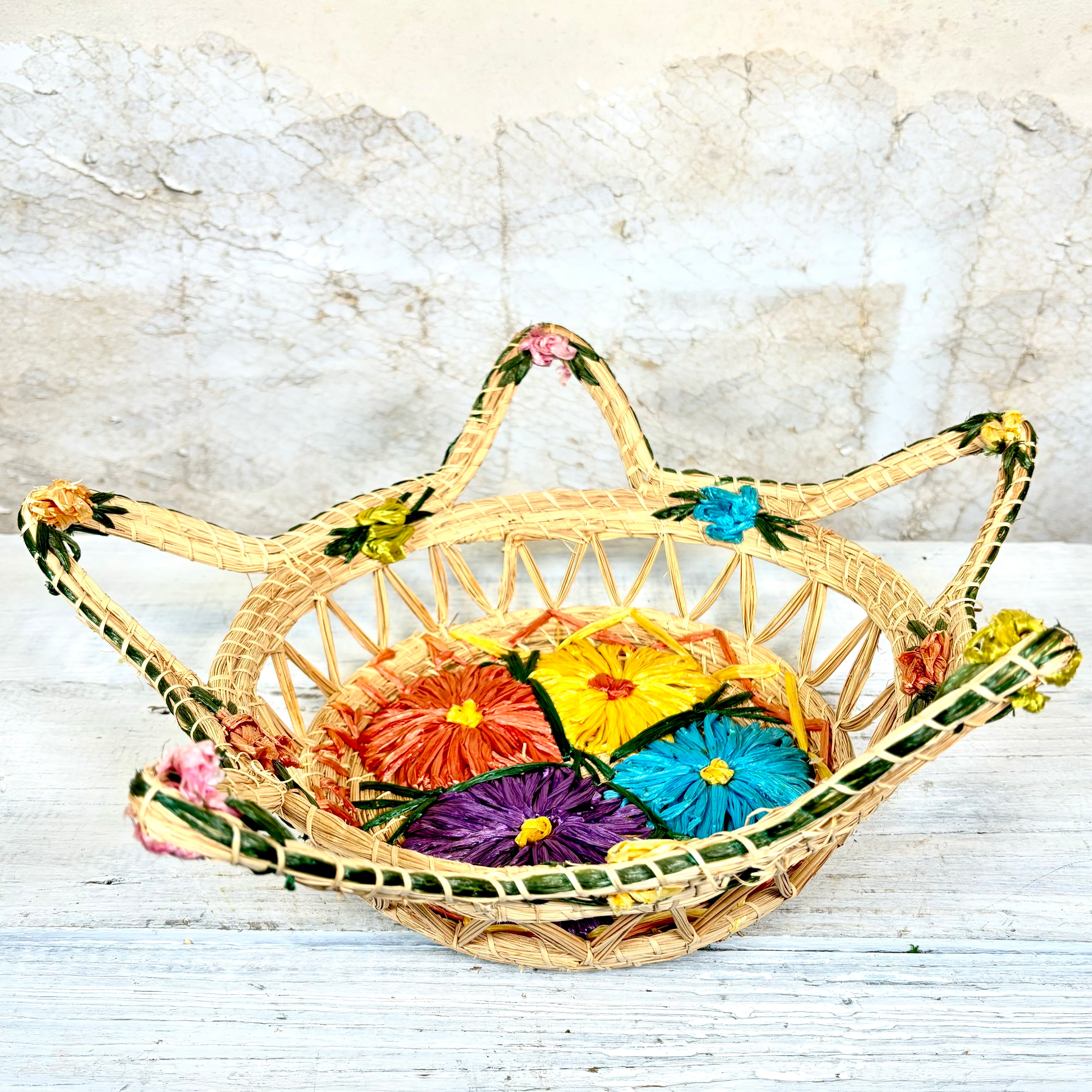 Vintage Raffia Straw Woven Floral Basket