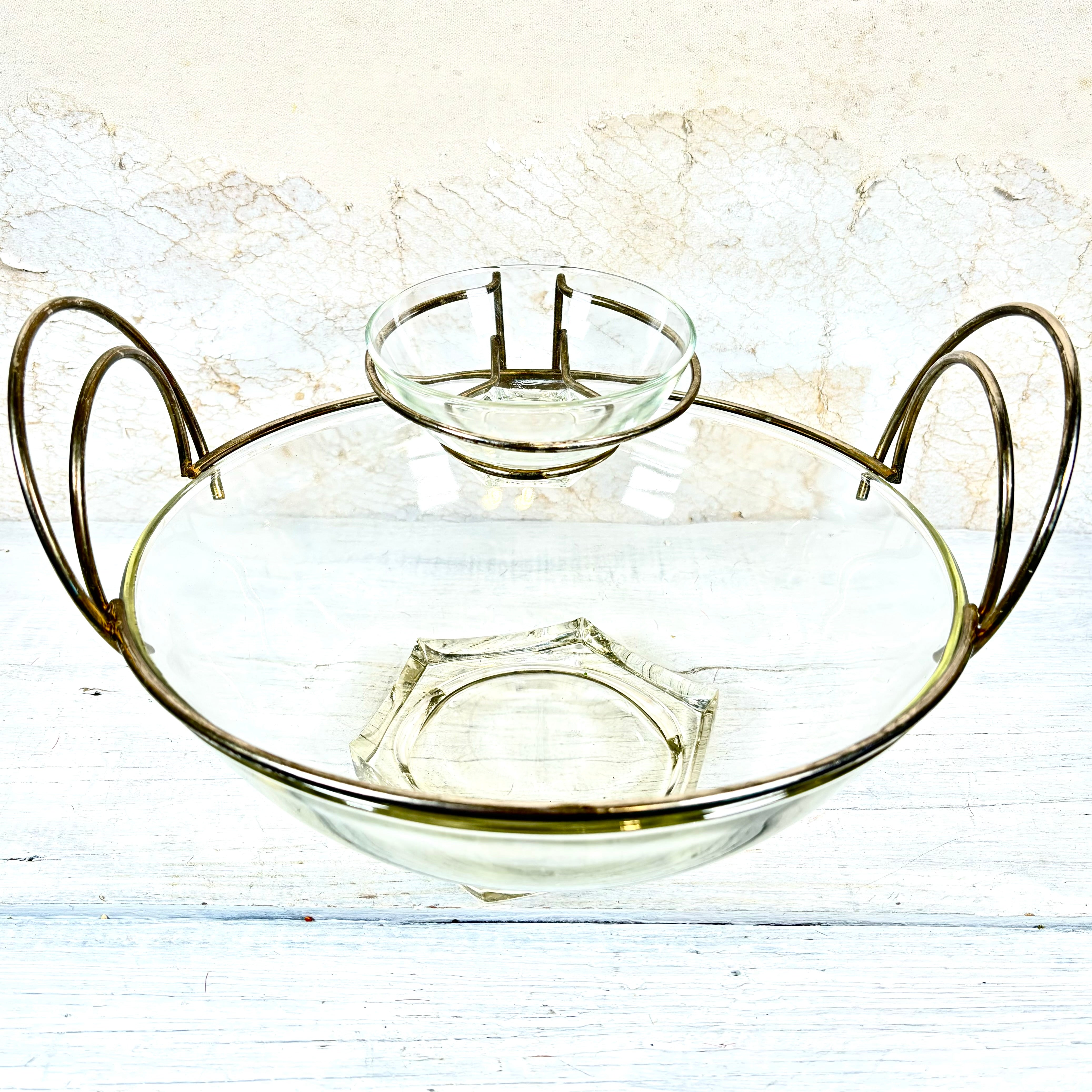 Mid Century Modern Glass Chip and Dip with Caddy