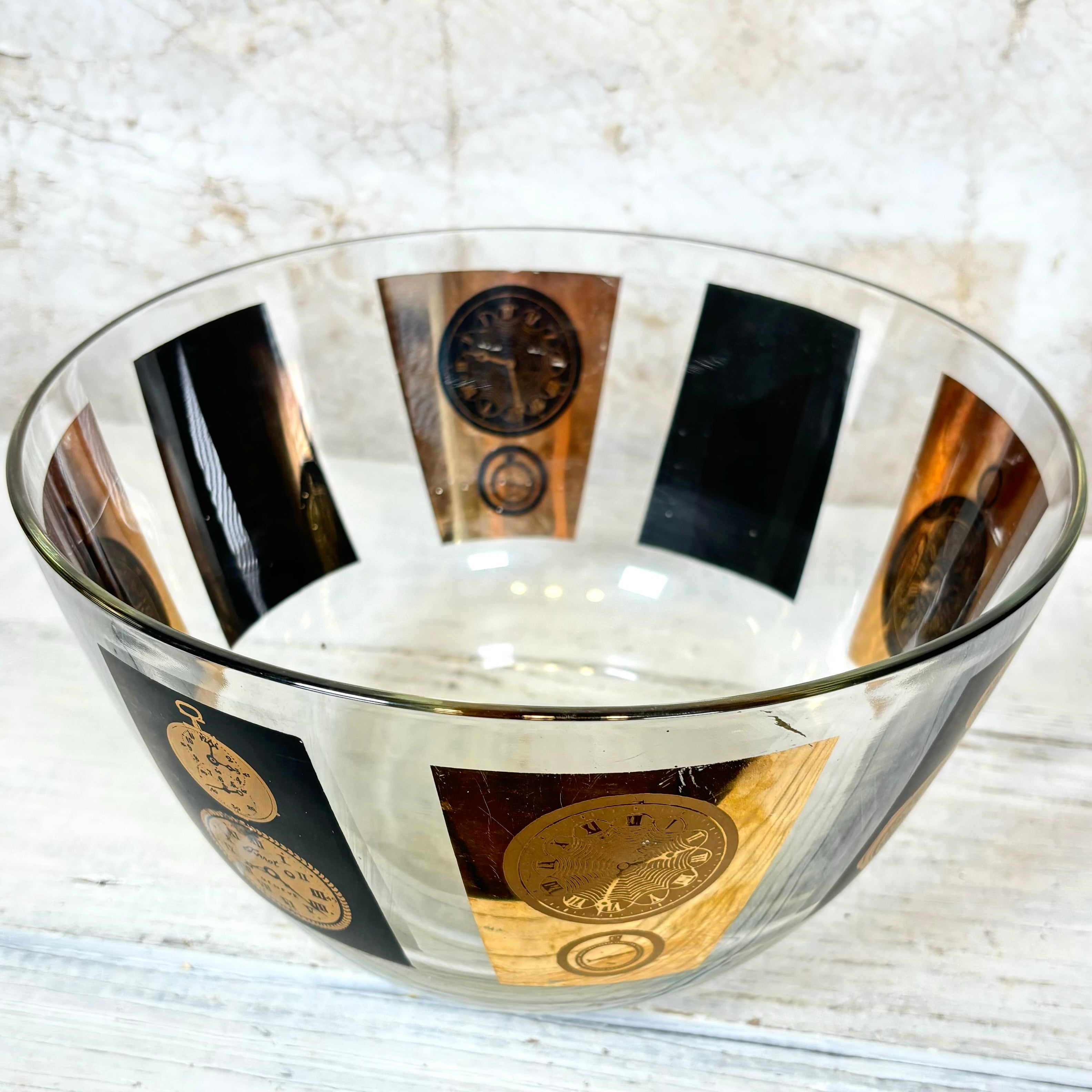 Mid Century Modern Glass Bowl with Black and Gold Clocks