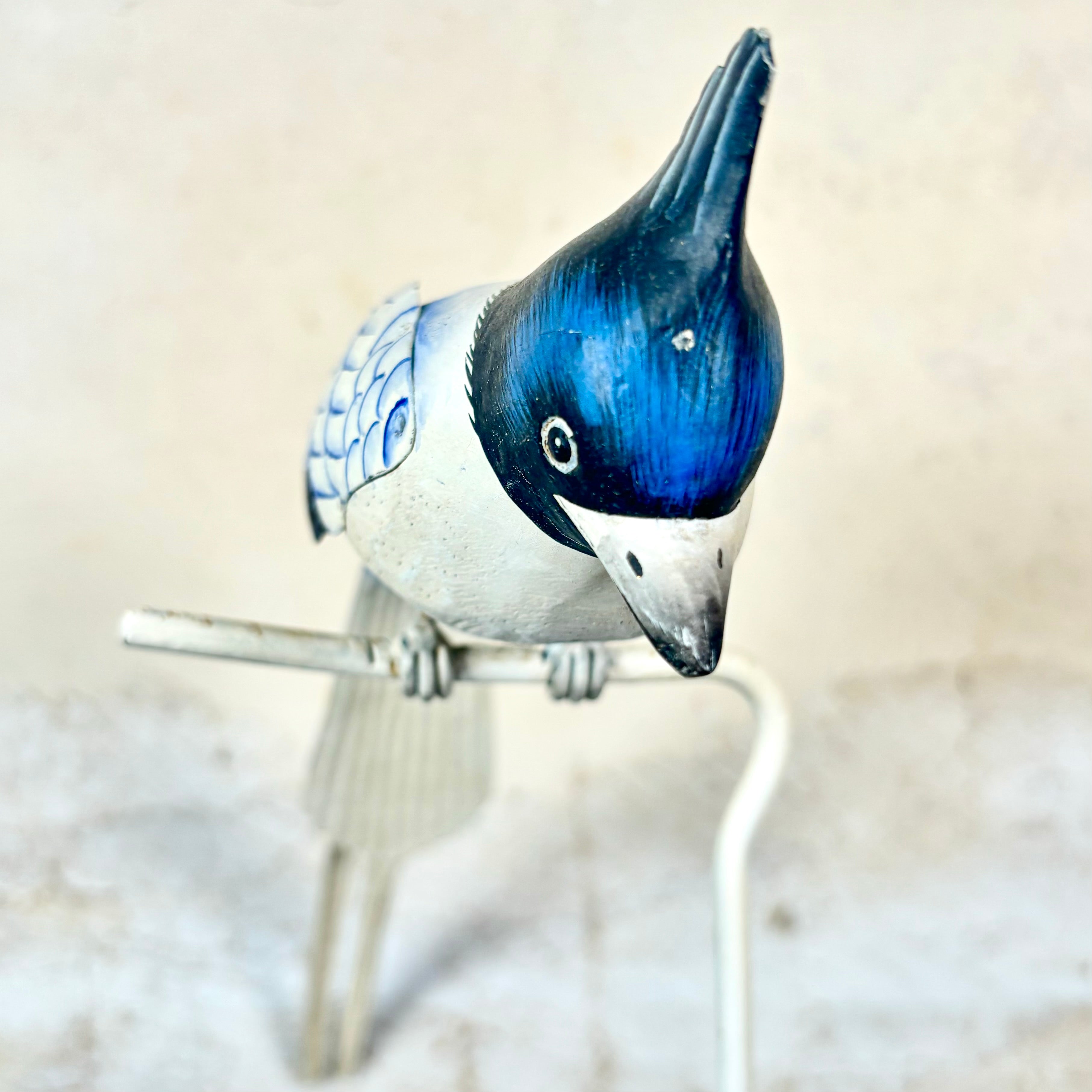 Hand Carved Wood Long Tailed Blue White Bird on Stand 14"