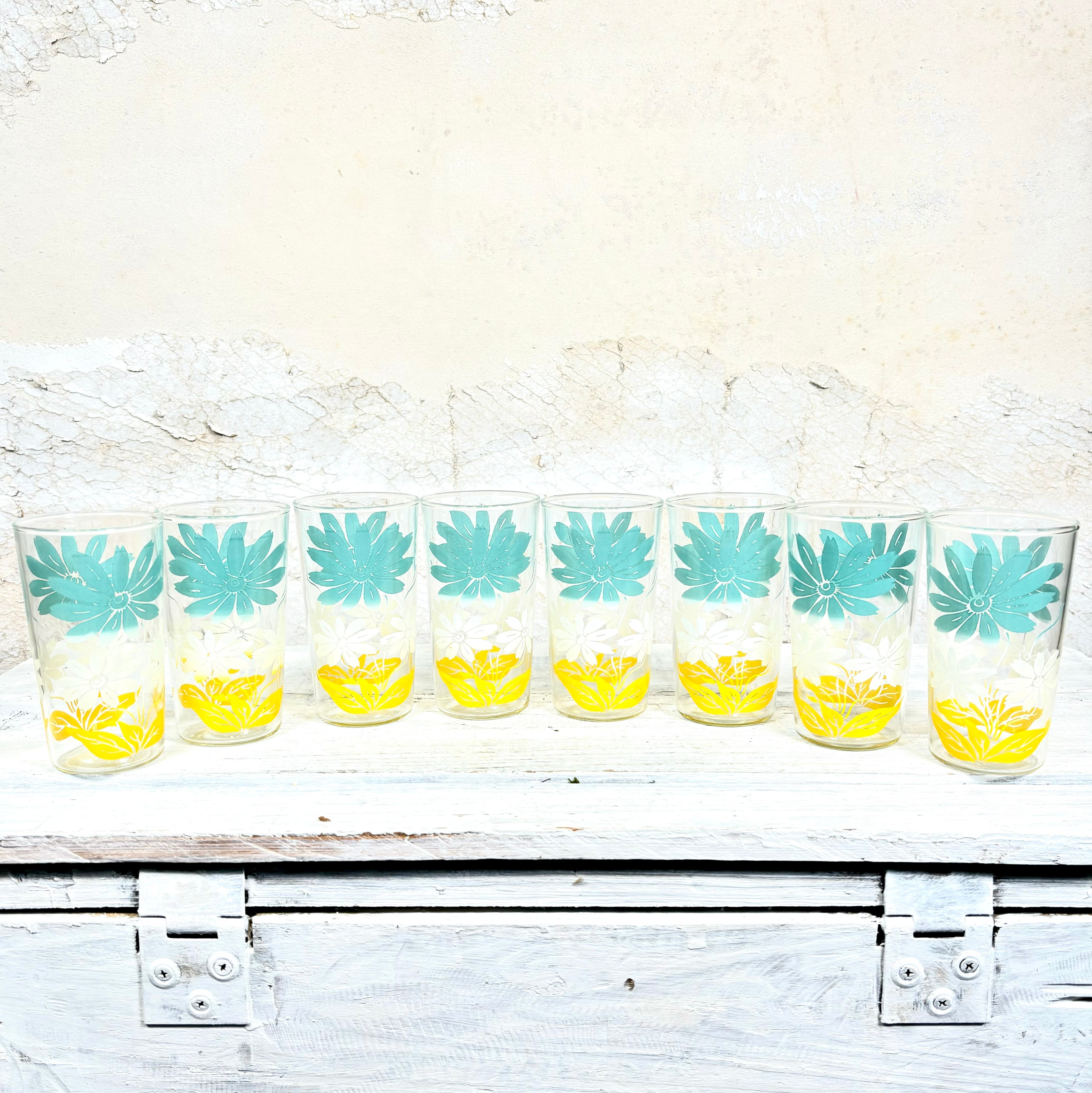 MCM Turquoise, White and Yellow Flower Juice Glasses Set of Eight