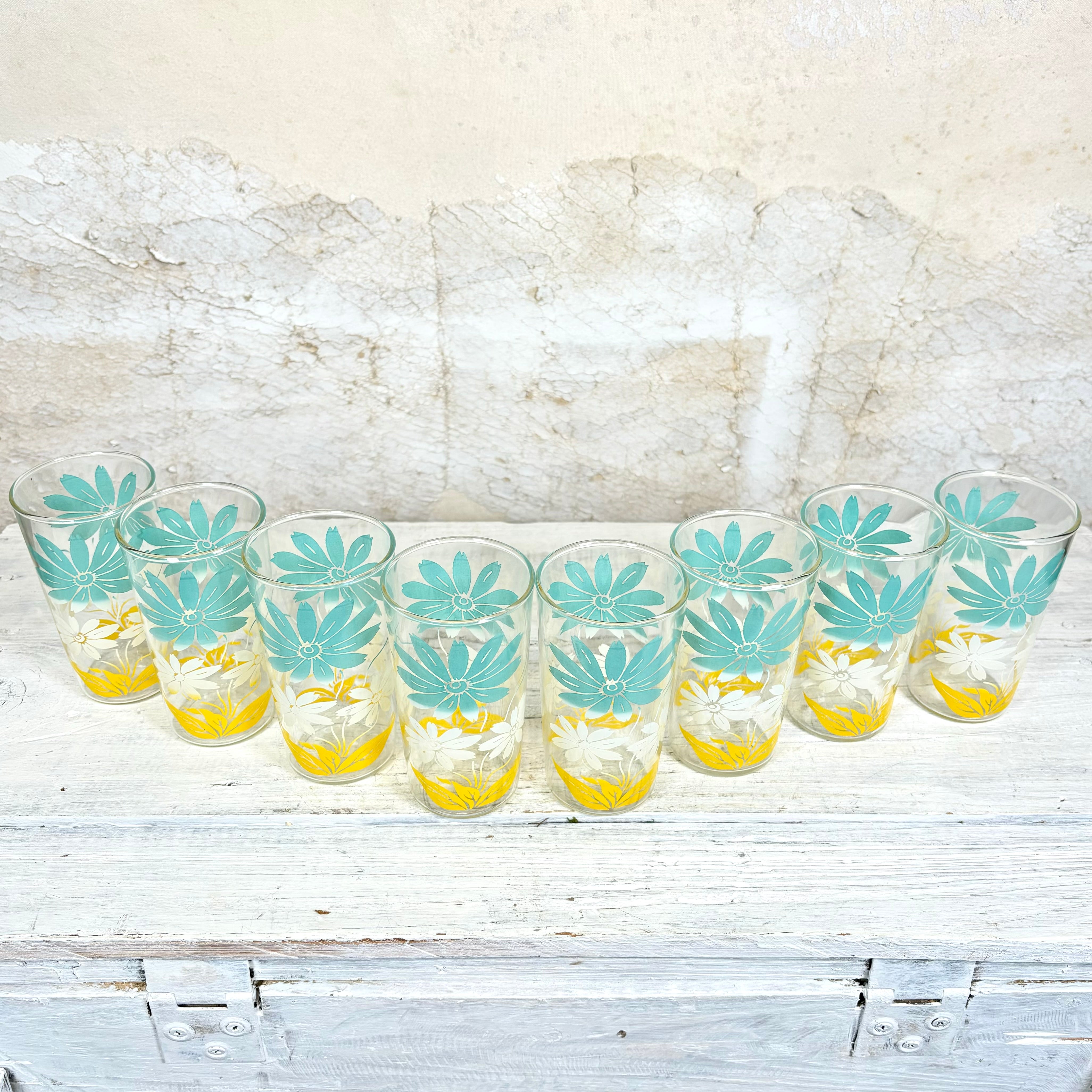 MCM Turquoise, White and Yellow Flower Juice Glasses Set of Eight