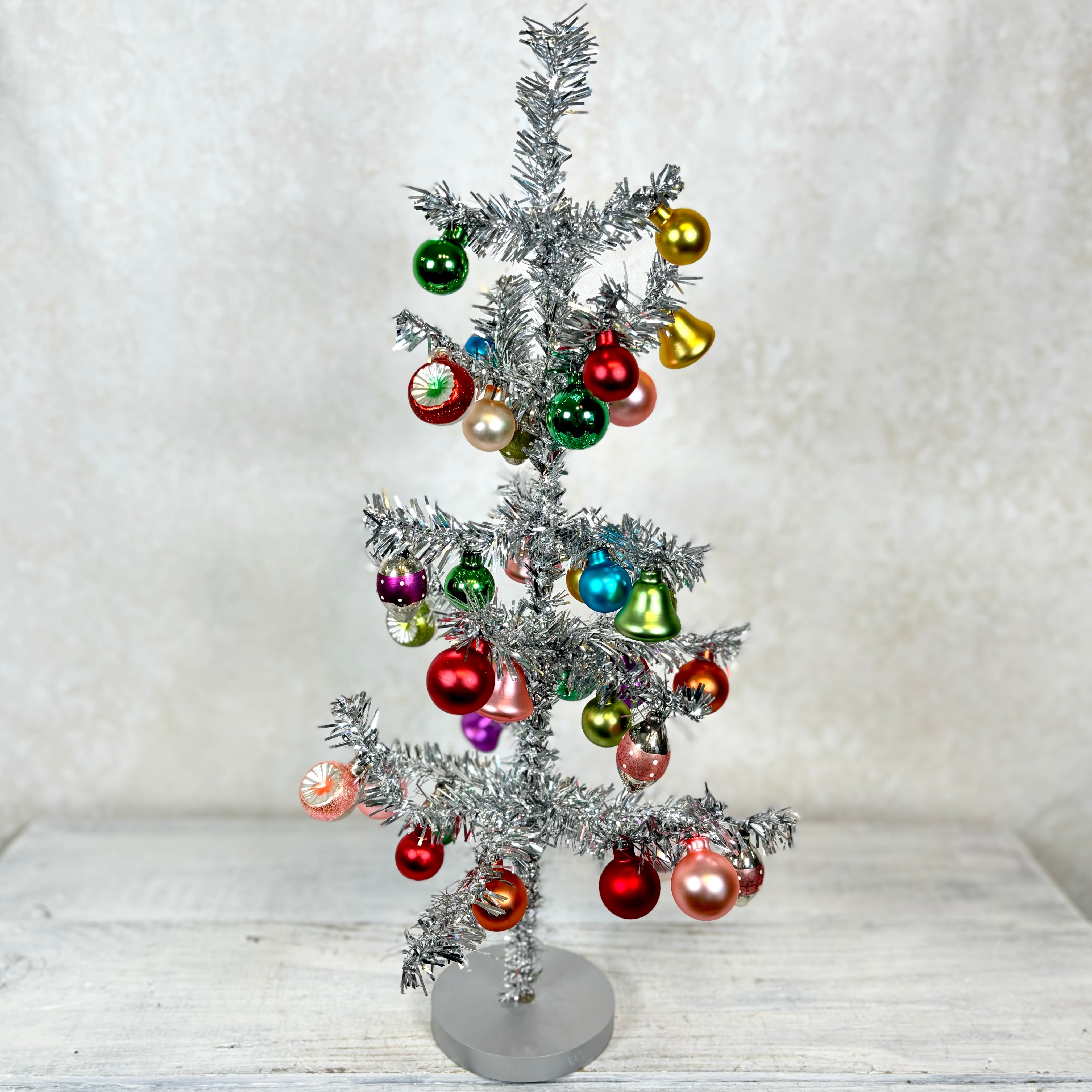 Silver Vintage Tinsel Tree with Ornaments