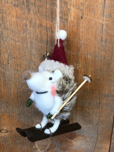 Felt Skiing Hedgehog with Red Hat Ornament