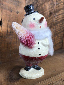 Sparkle Paper Pulp Snowman with Red Tree