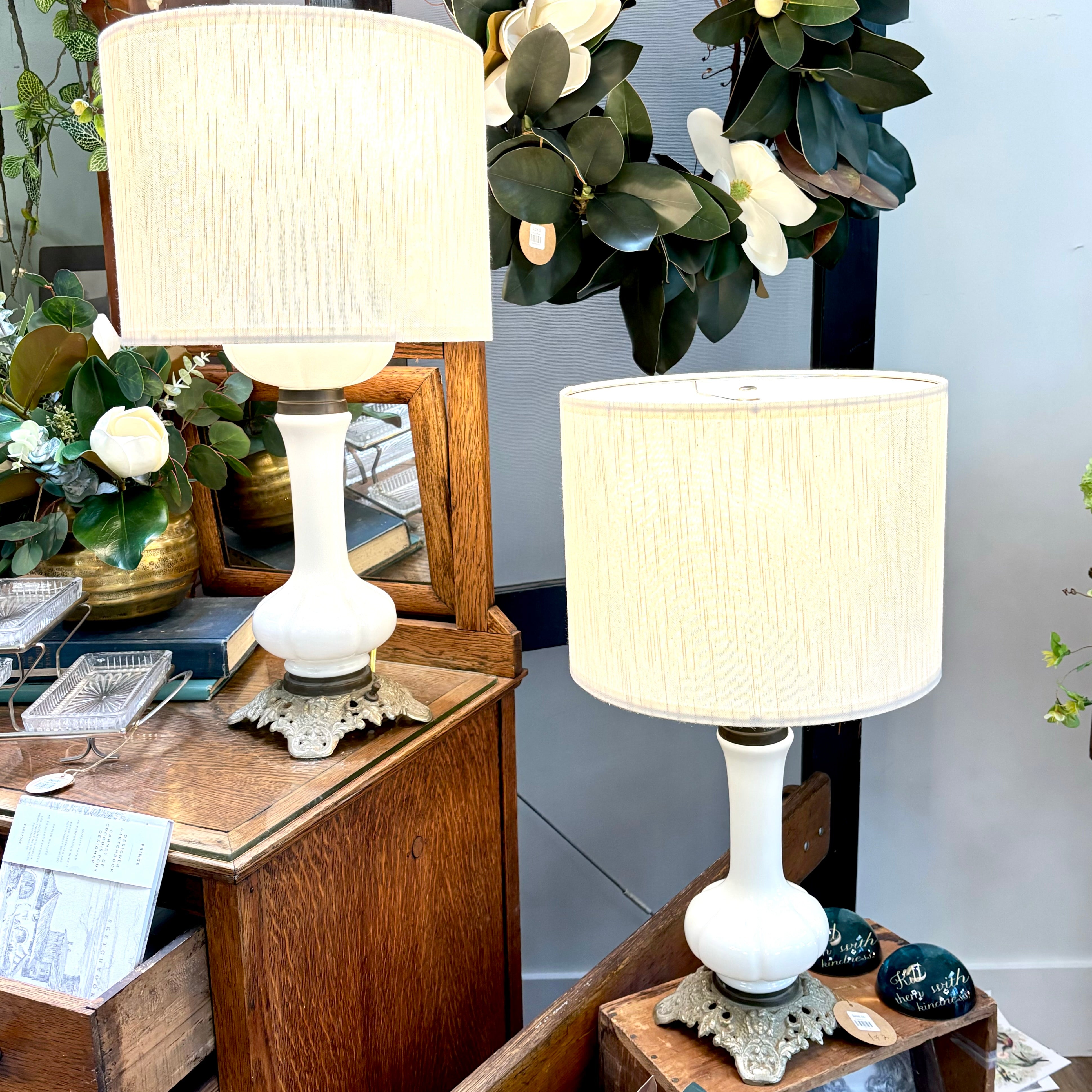 Set of Two Antique French Opal Glass Lamps