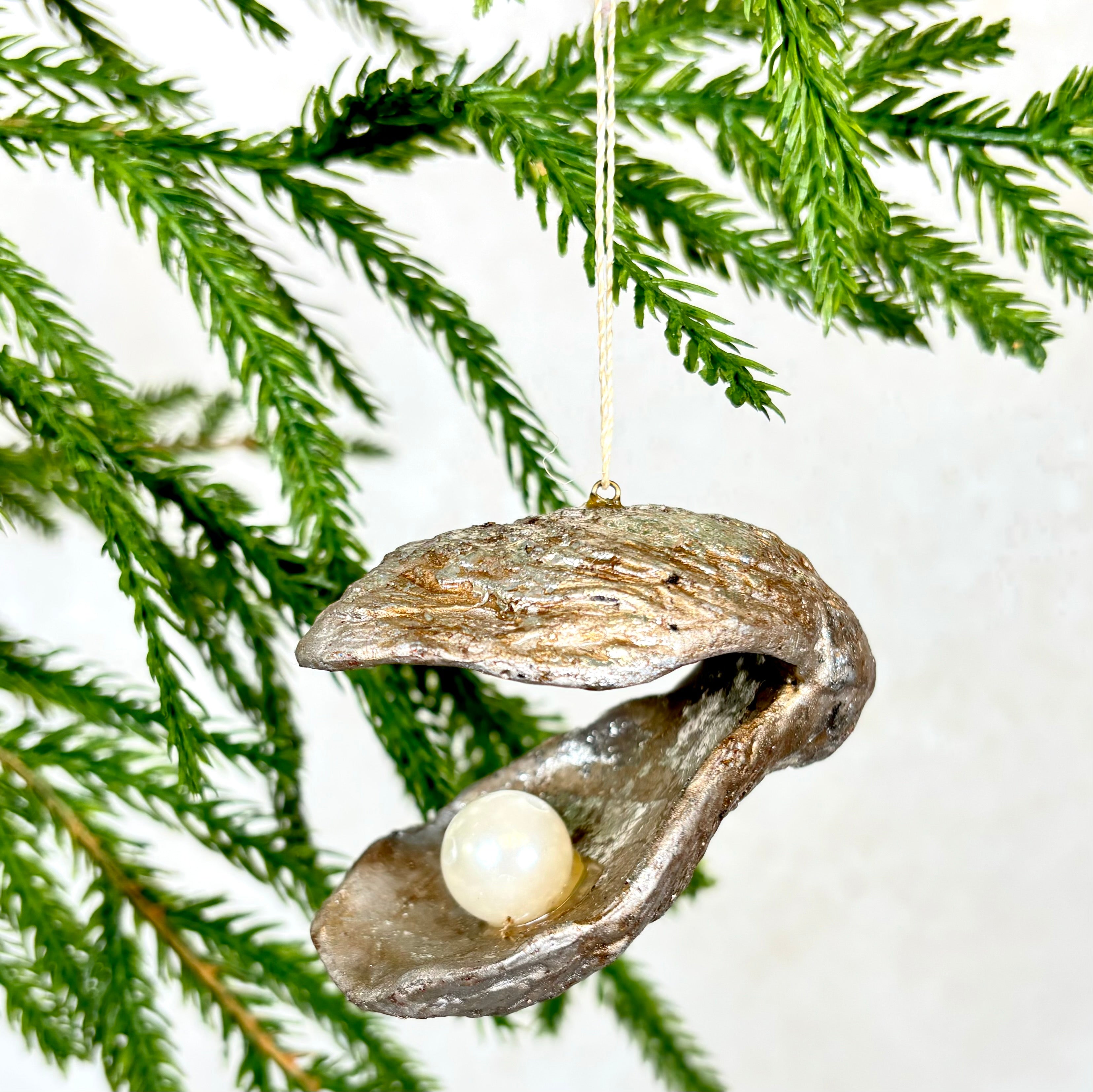 Silver Oyster Shell with Pearl Paper Mache Ornament