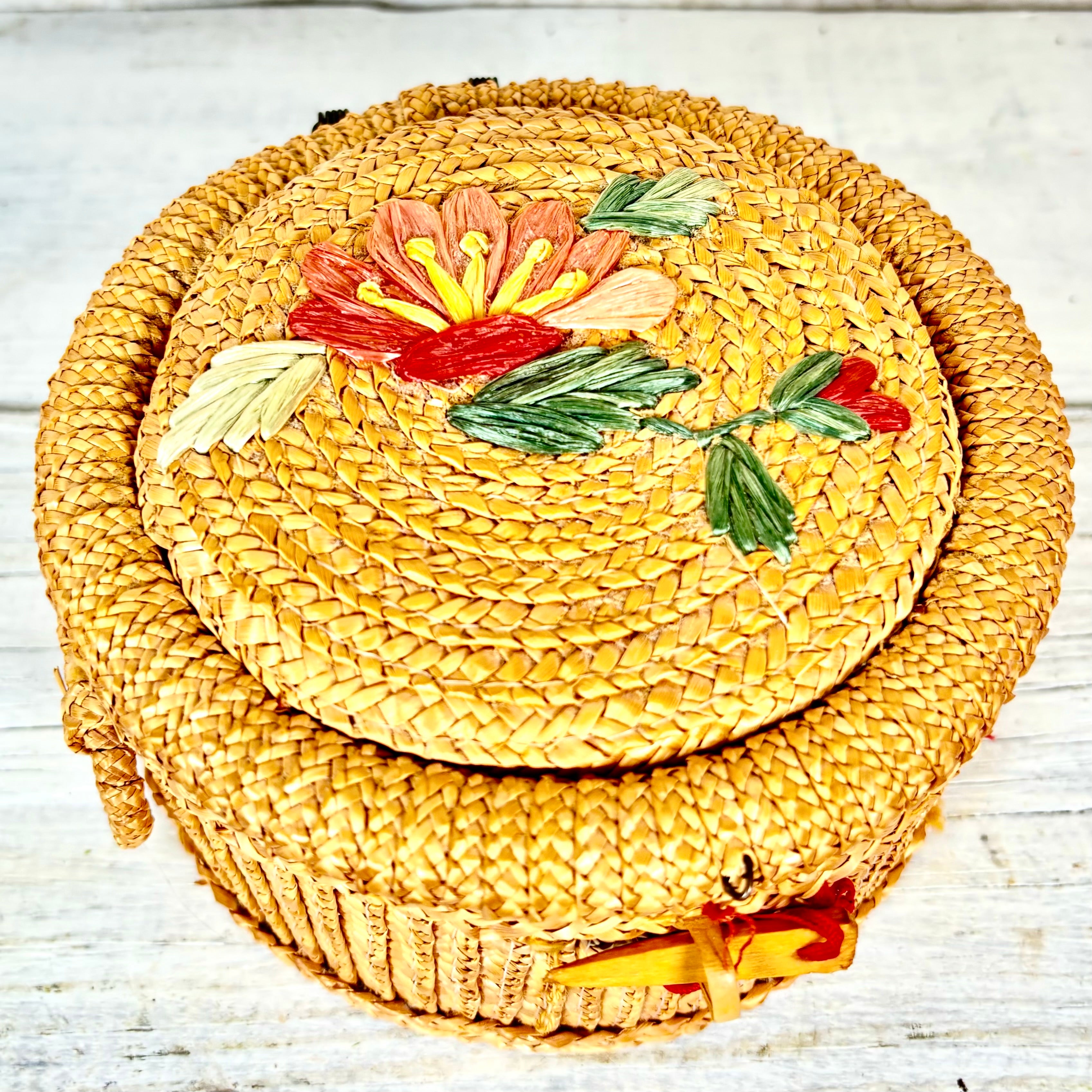 Vintage Woven Wicker Sewing Basket with Raffia Flowers