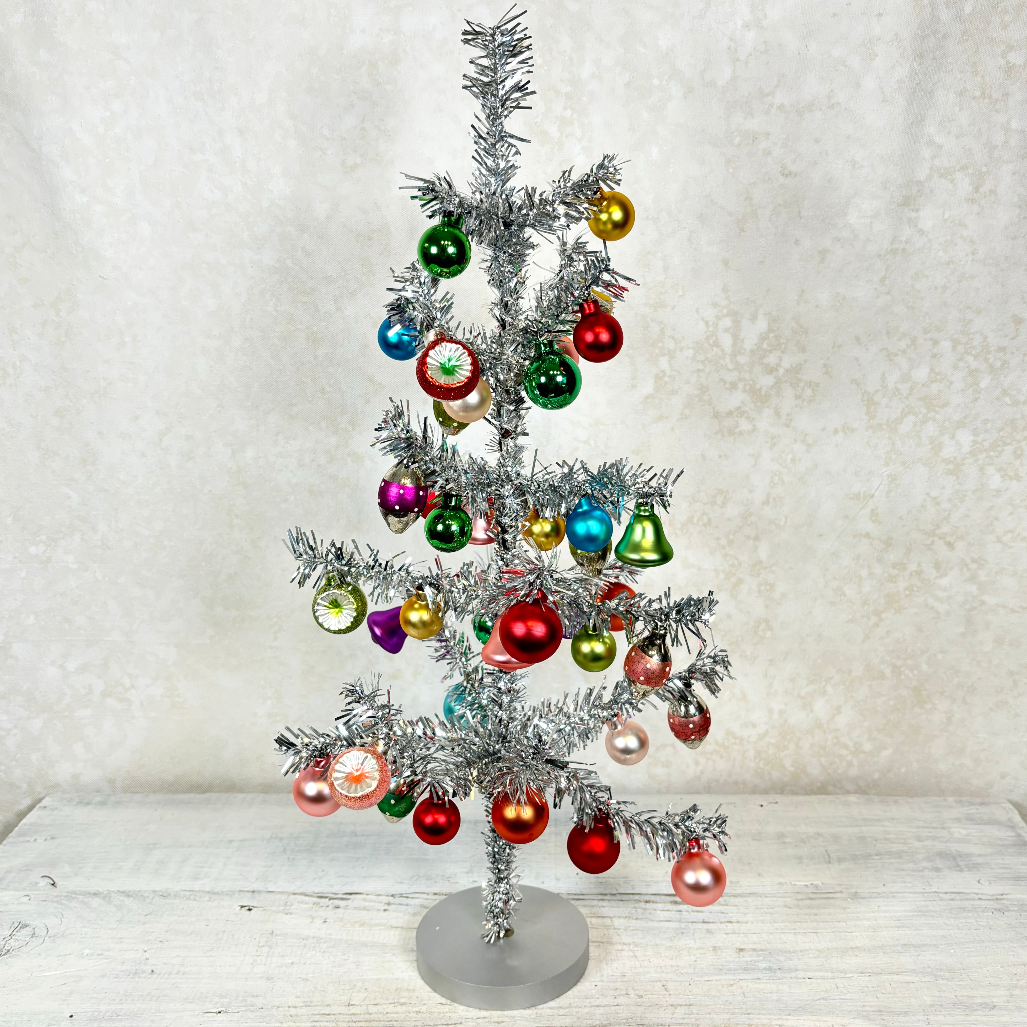 Silver Vintage Tinsel Tree with Ornaments