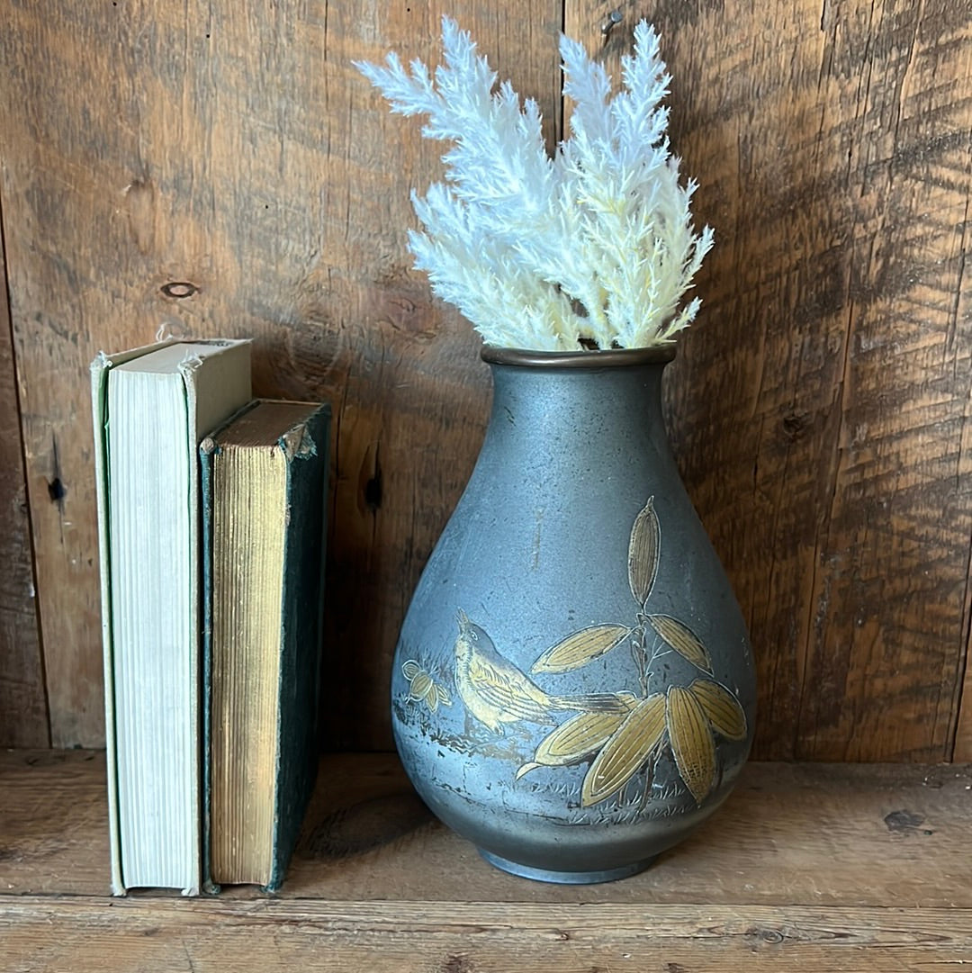 Antique Japanese CPO Bronze Bird and Leaf Vase