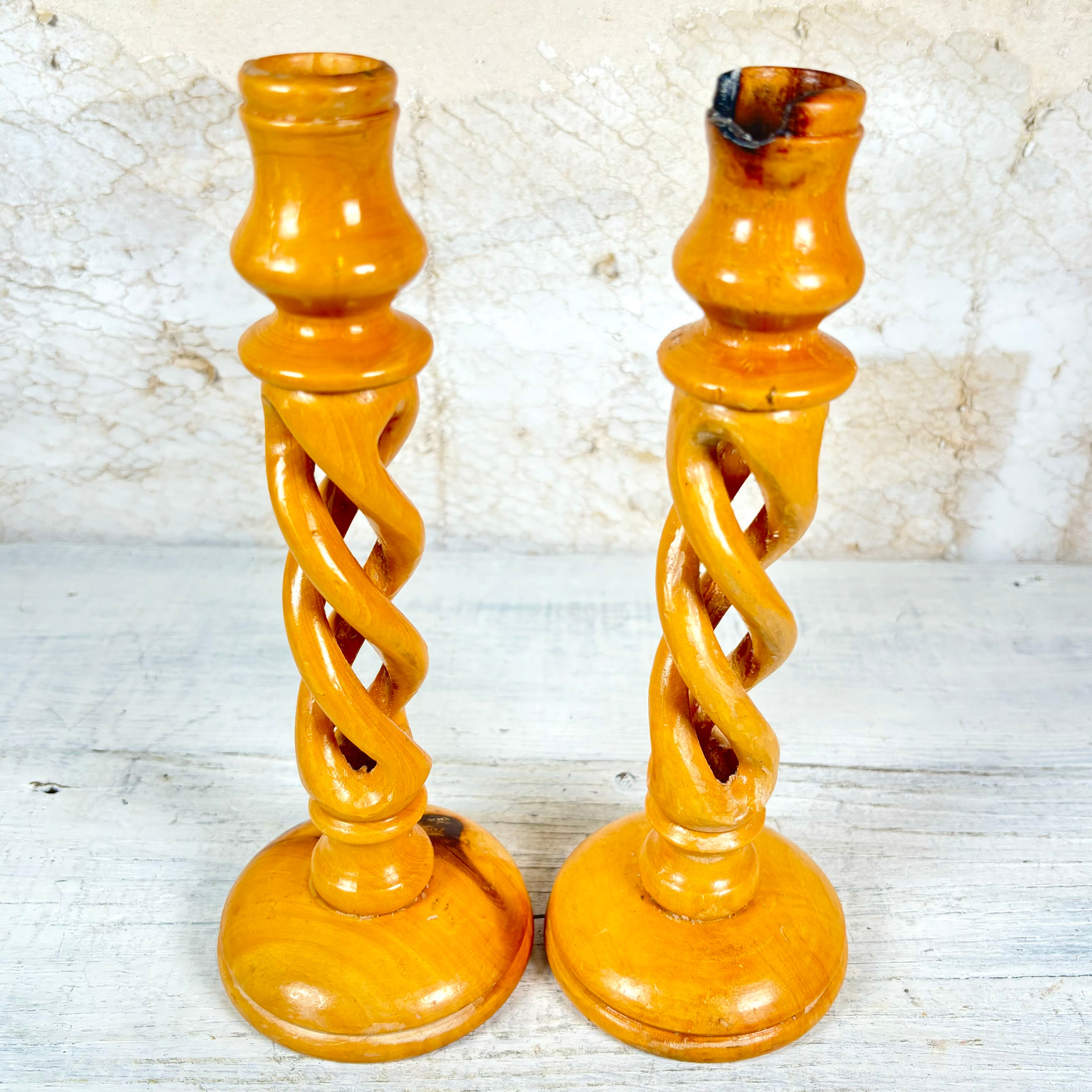 Vintage Carved Olive Wood Candlesticks Set of Two