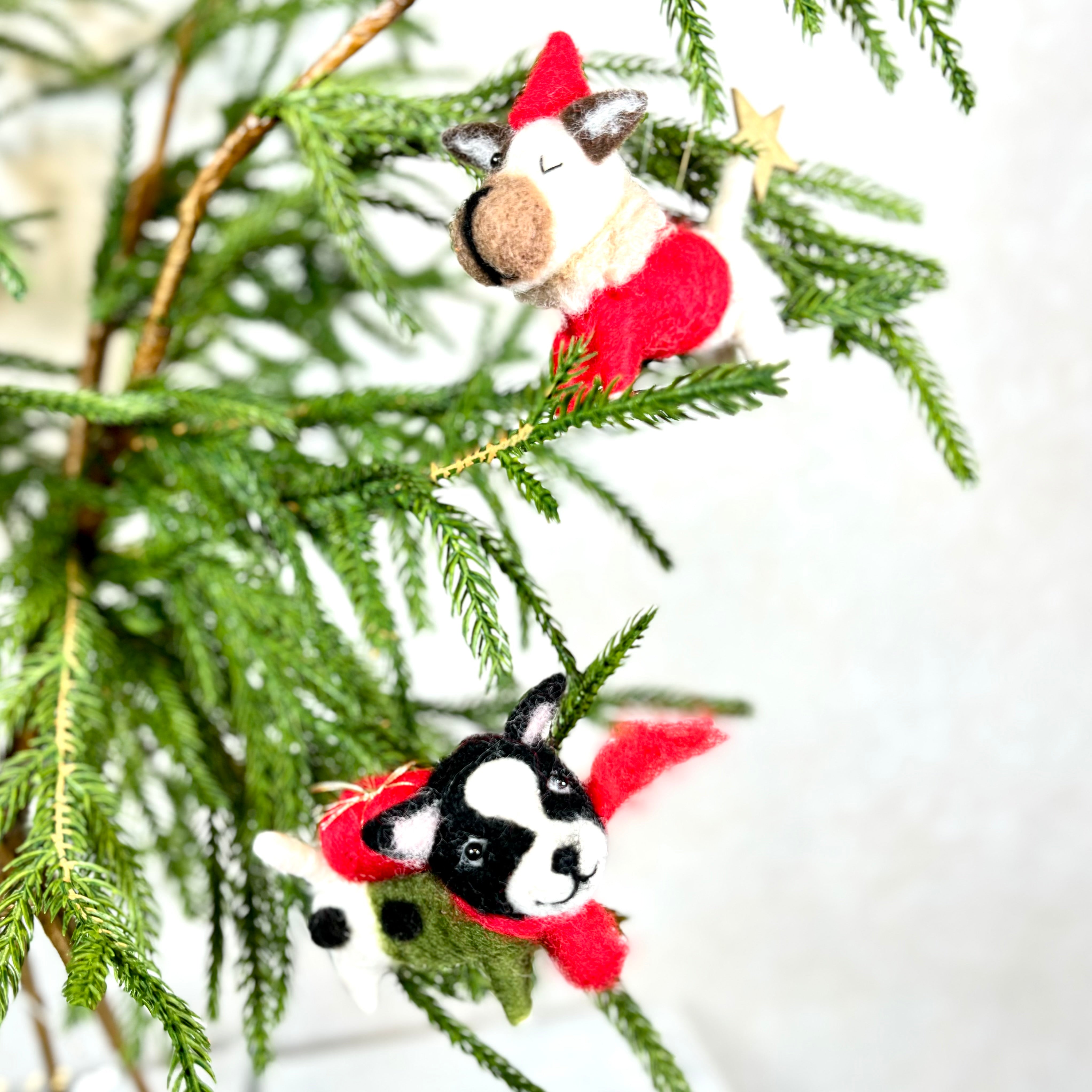 Felt Puppy in Green Outfit with Scarf and Present Ornament