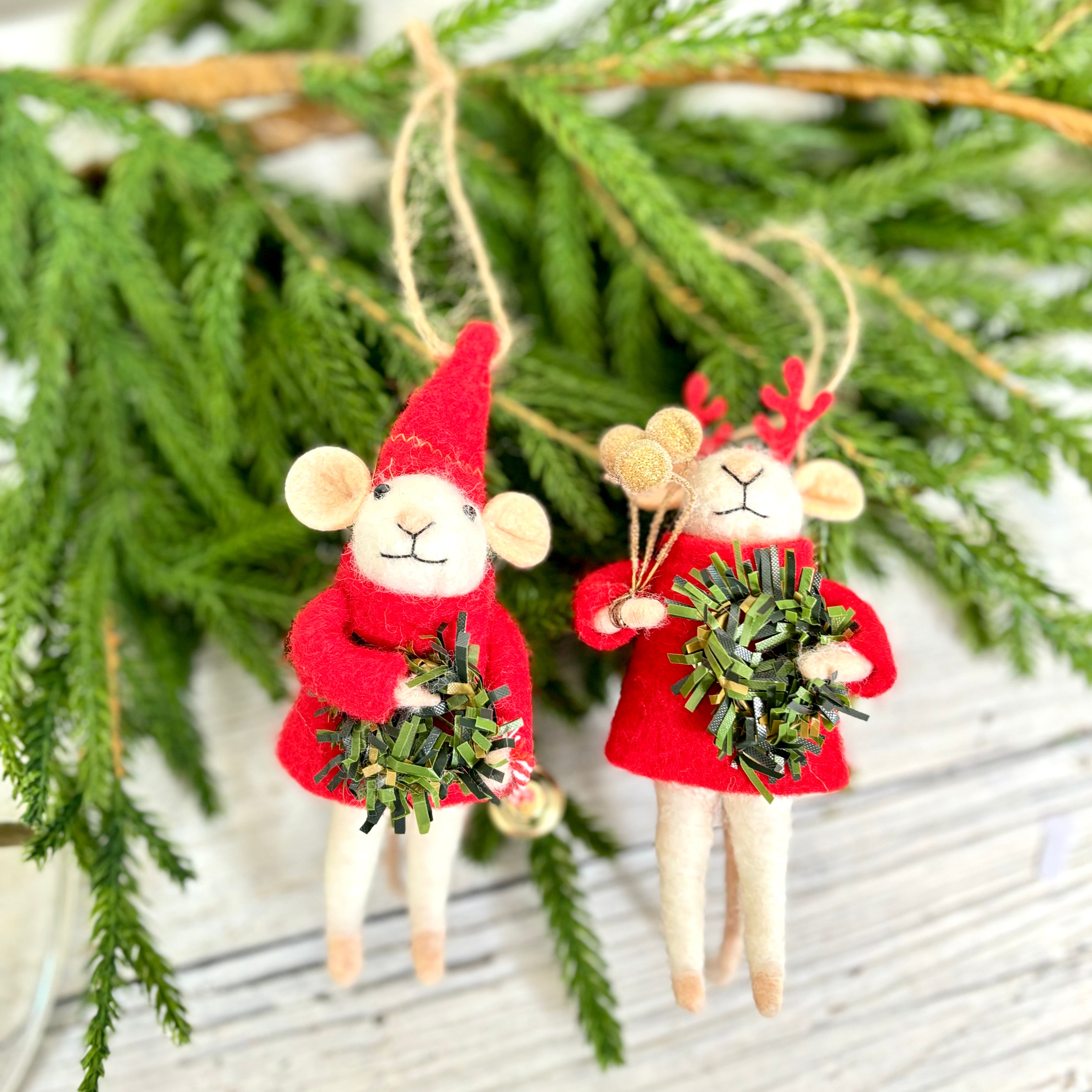 Felt Mouse with Wreath and Gold Berries Ornament