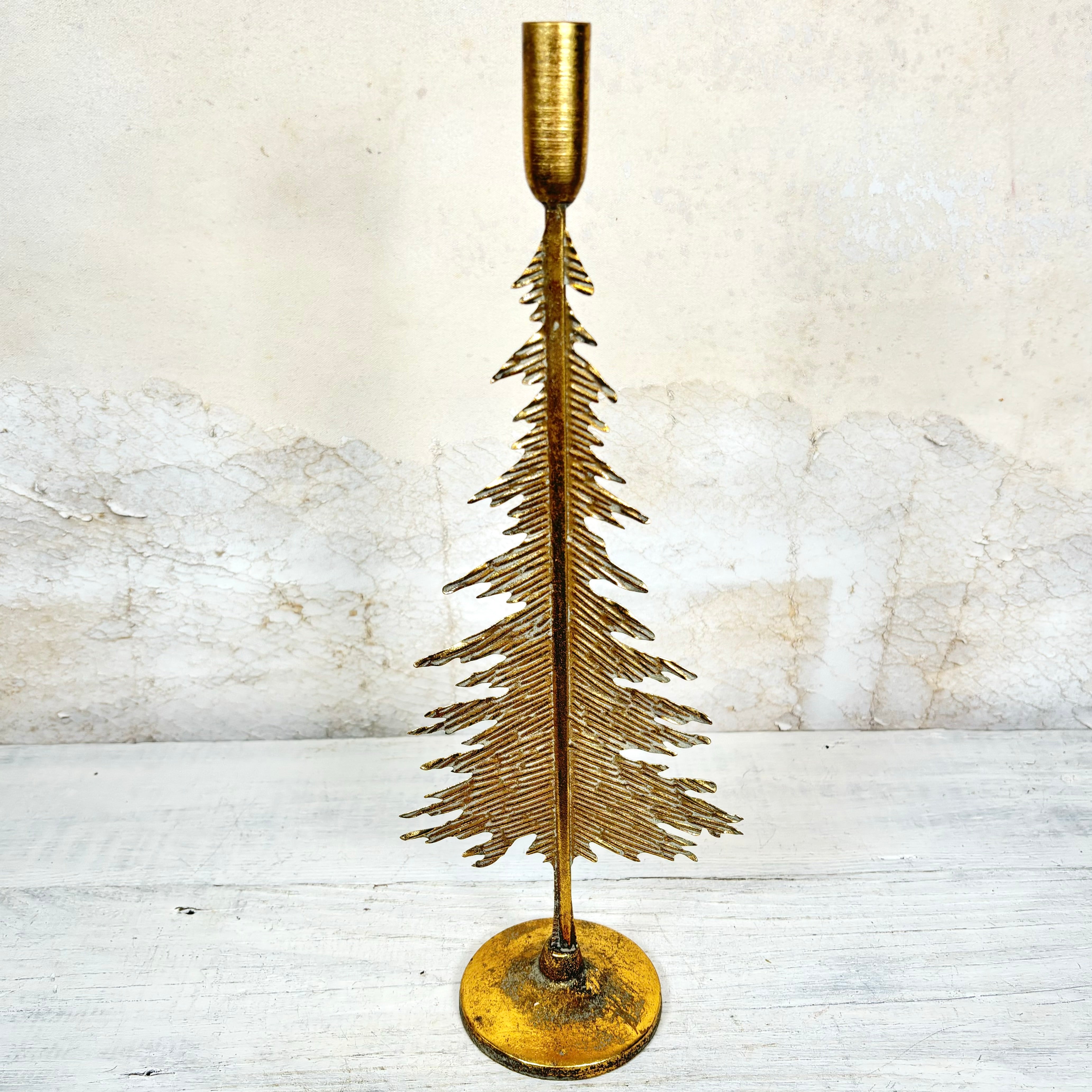 Verdigris Gold Metal Pine Tree Candle Stick Short