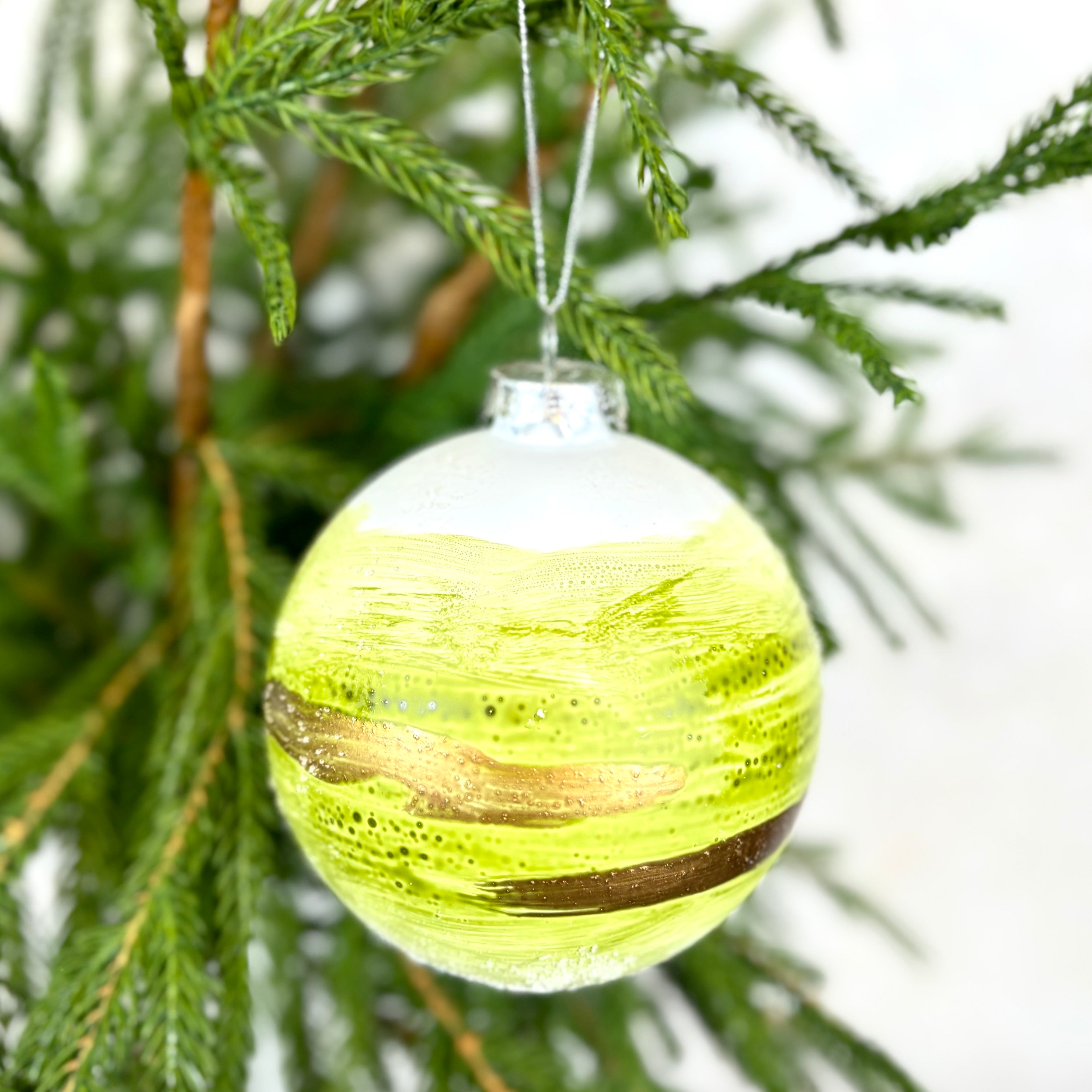 Green Gold White Snow Glass Ball Ornament