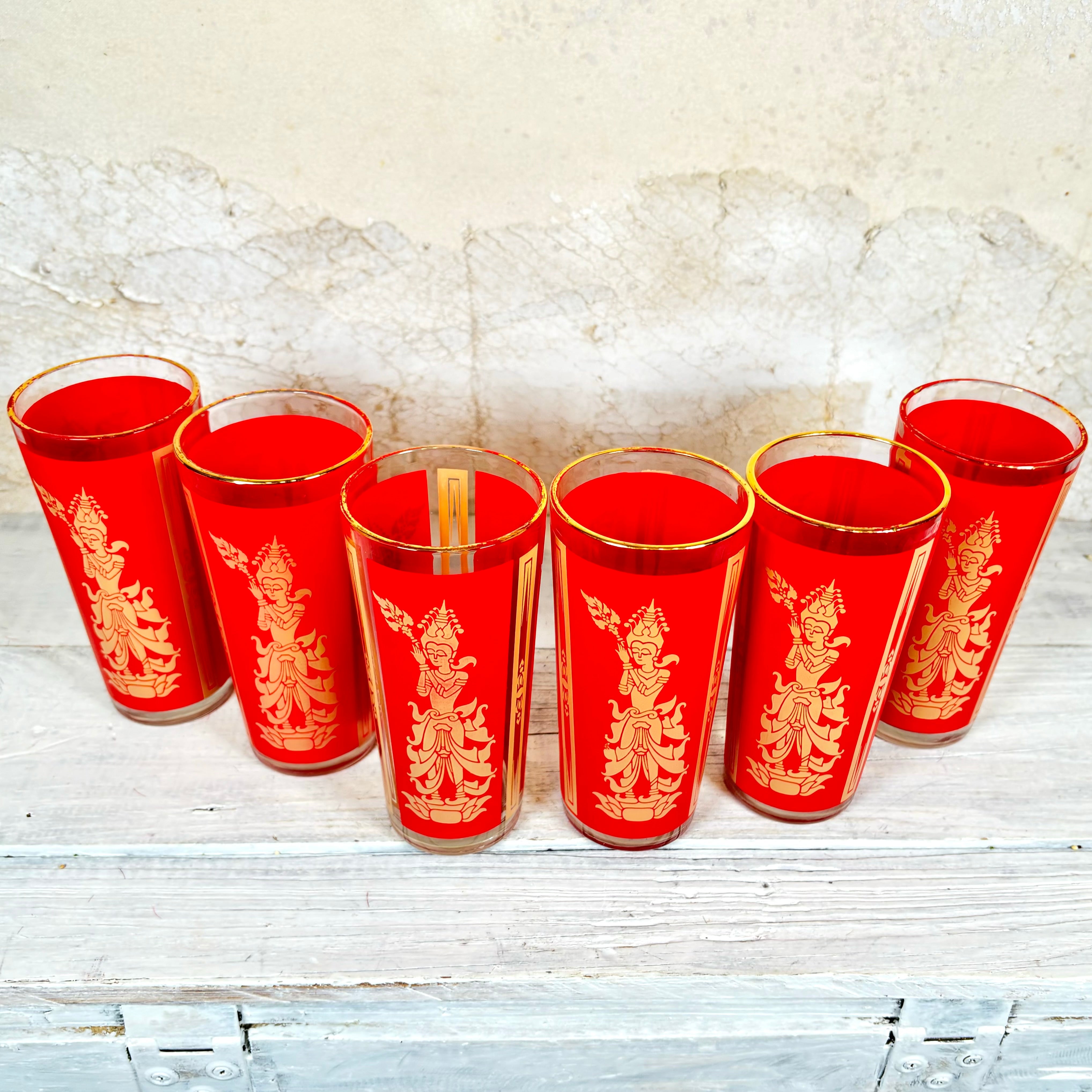 Vintage Culver Highball Glasses Red and Gold Thai Princess Pattern