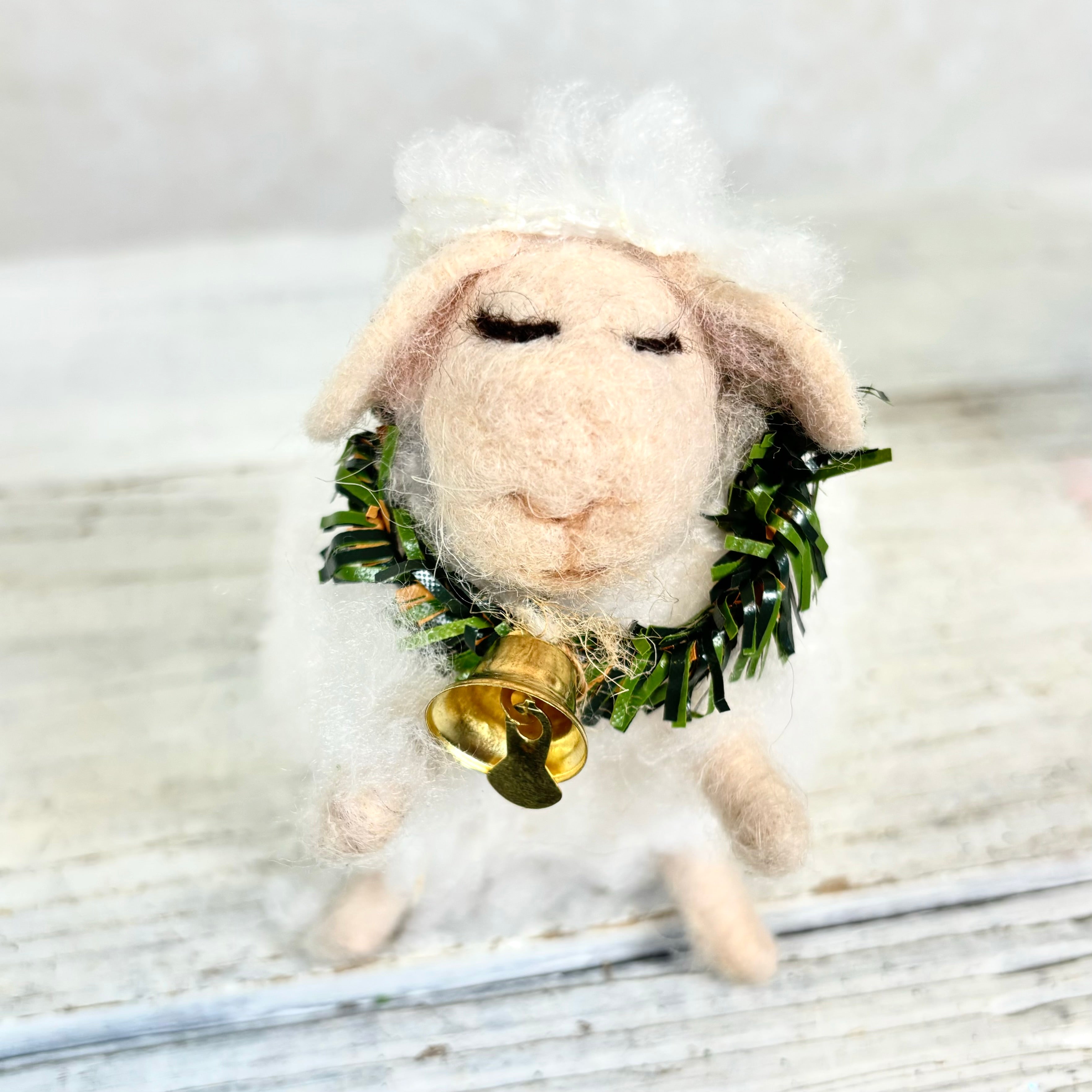 Baby Felt Wooly Sheep with Wreath and Bell Collar