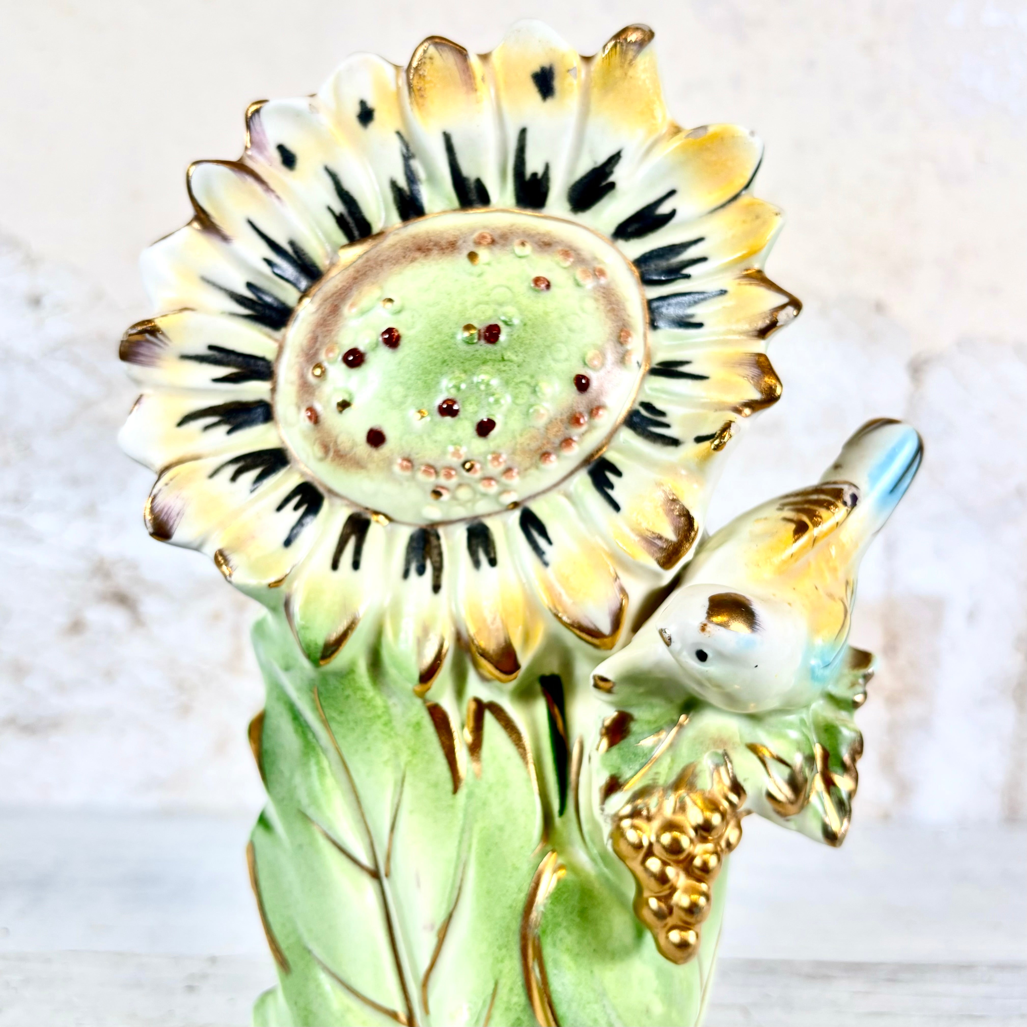 Tilso Bisque Vase with Bird and One Sunflower