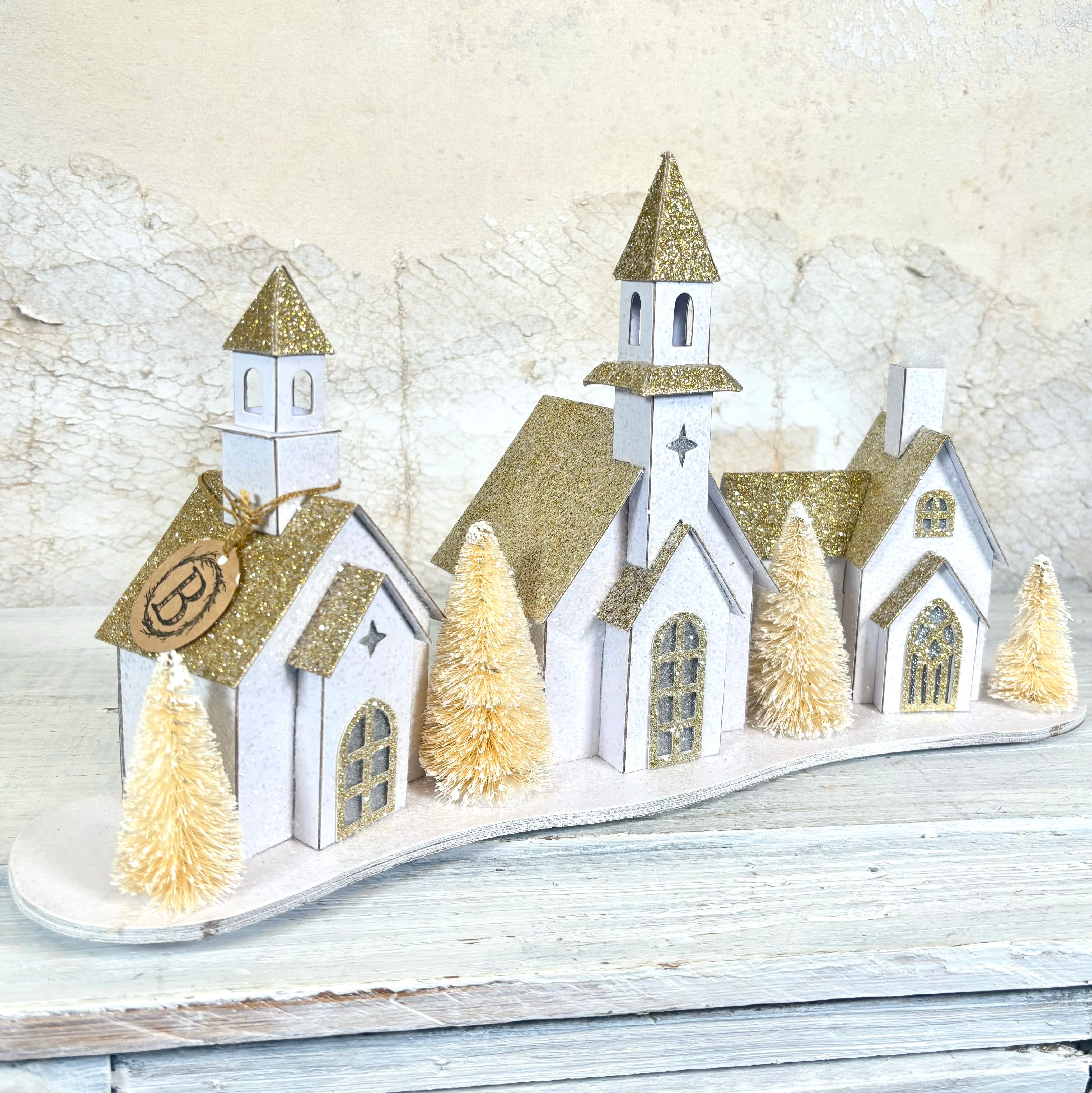 Cardboard Snowy Village with Church LED Battery Timer