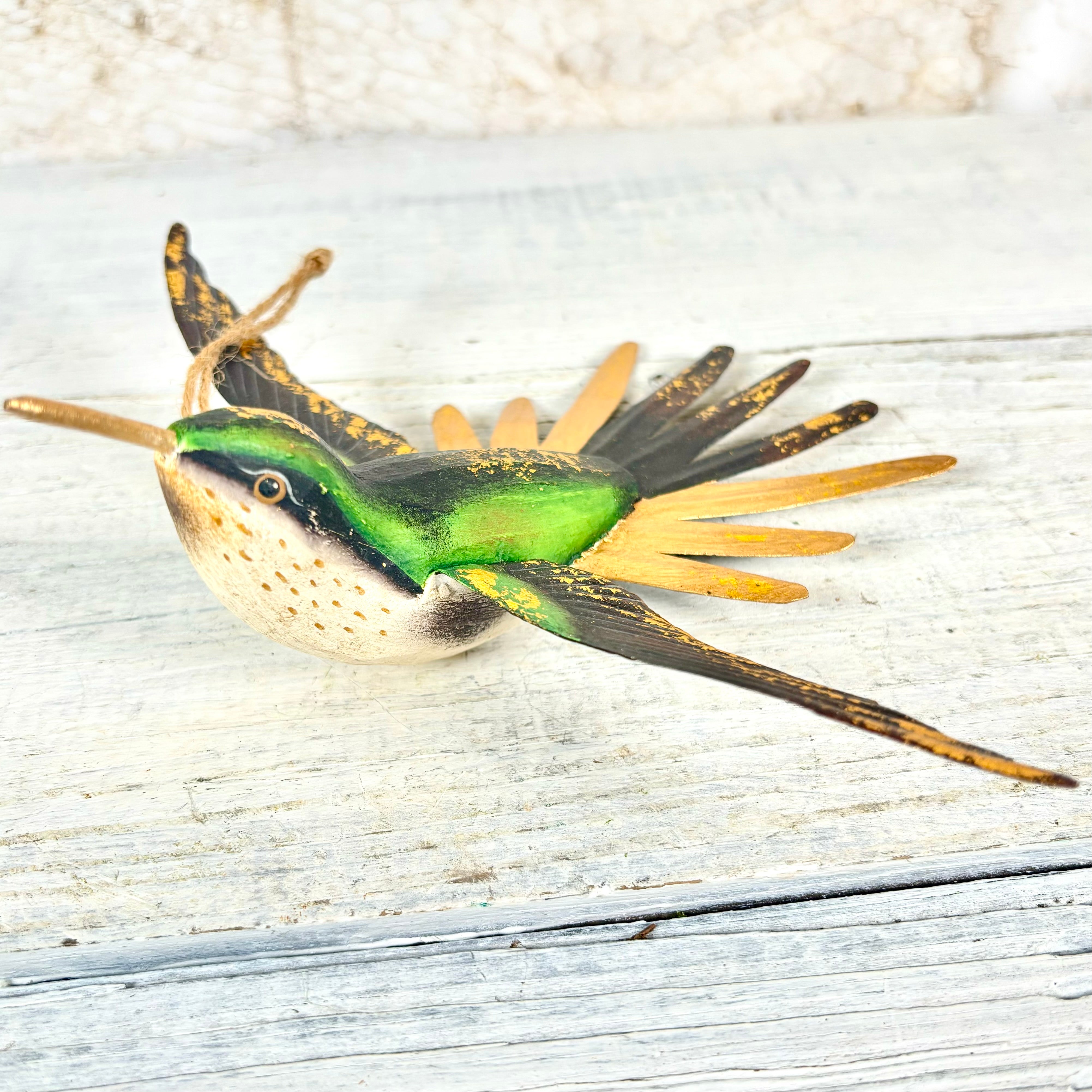 Hand Carved Wood Hummingbird Ornament Green Gold