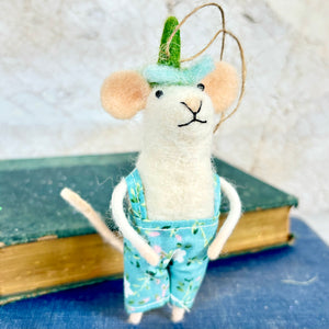 Felt Mouse Ornament in Spring Floral Print Overalls